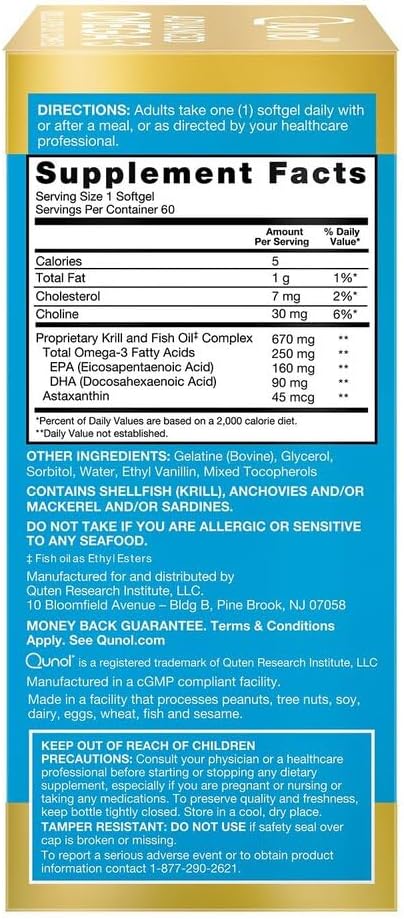 Qunol Advanced Omega 3 Krill and Fish Oil Complex, 10x Better Bioavailability, One Pill Dose, 250mg EPA & DHA, Supports Brain, Eye, Heart and Joint Health, 60 Count