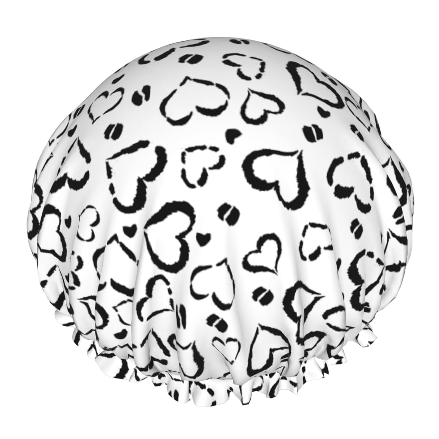 Black Heart Leopard Print Shower Caps Dual-Layer Waterproof Bath Hat Black White Hair Caps Elastic Reusable Hair Hat for Shower Cooking Clean Makeup Travel