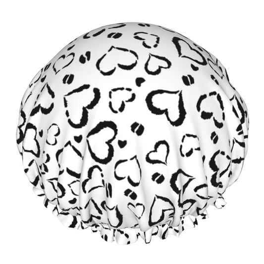 Black Heart Leopard Print Shower Caps Dual-Layer Waterproof Bath Hat Black White Hair Caps Elastic Reusable Hair Hat for Shower Cooking Clean Makeup Travel