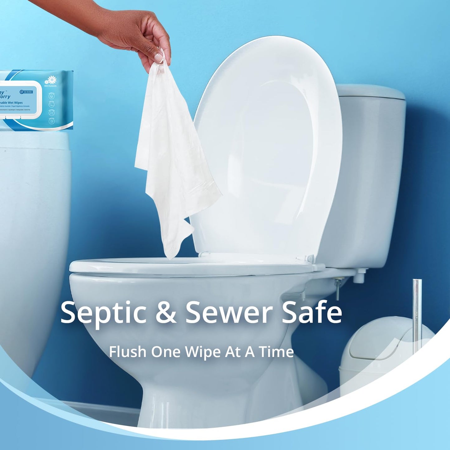 WhyWorry Flushable Wipes for Adults, Extra Large 8"x10" Butt Wipes for Toilet & Personal Cleansing, with Chamomile and Vitamin E, 100% Plant-Based, Septic & Sewer Safe, Sea Incense, 48 Count