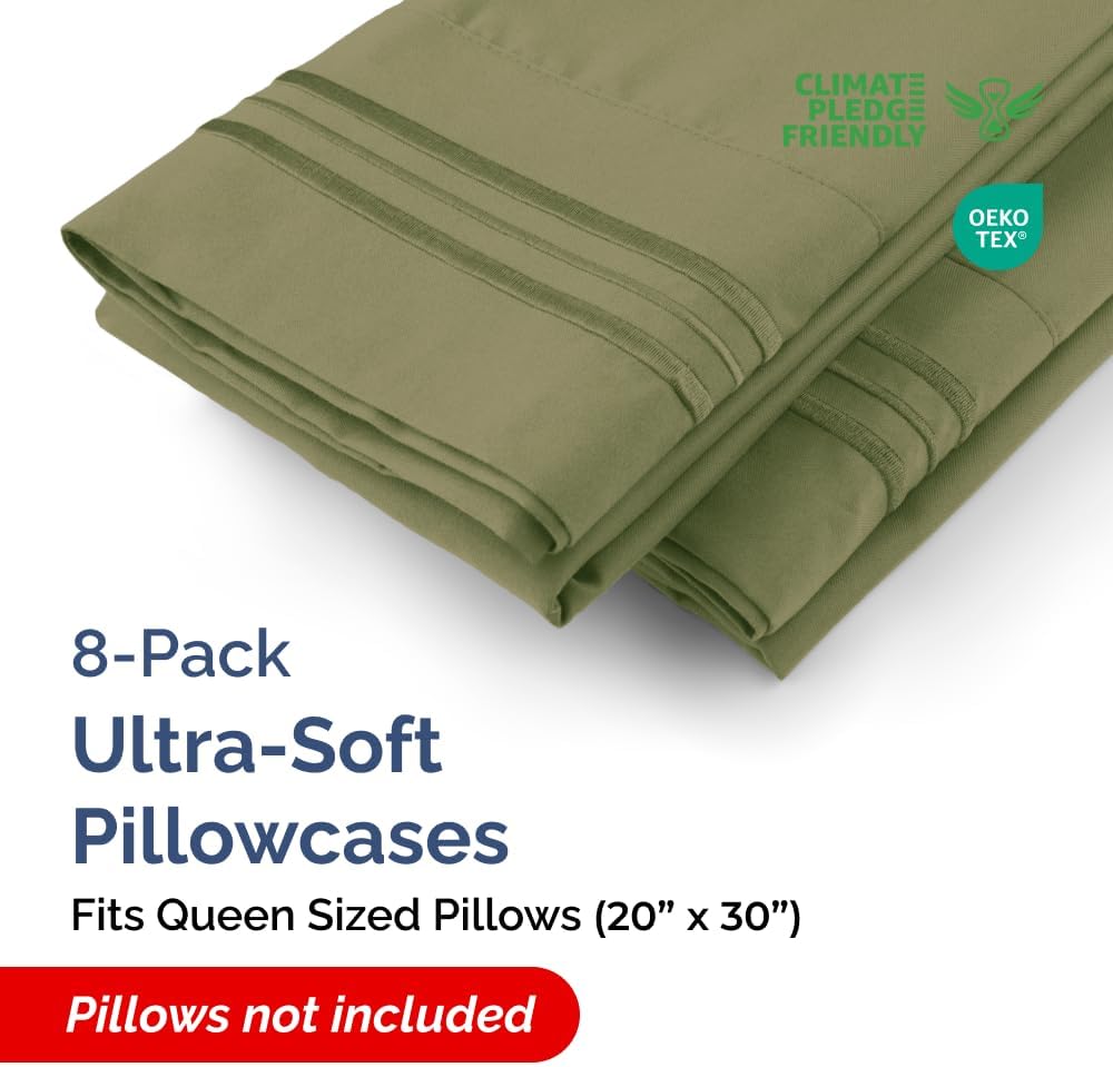Queen Pillow Cases Set of 8 - Ultra Soft Hotel Quality Pillowcase Covers - Comfy, Cozy & Wrinkle Free - Shrink, Stain & Fade Resistant - Machine Washable Pillow Protectors - 8 Piece Set - Sage Green