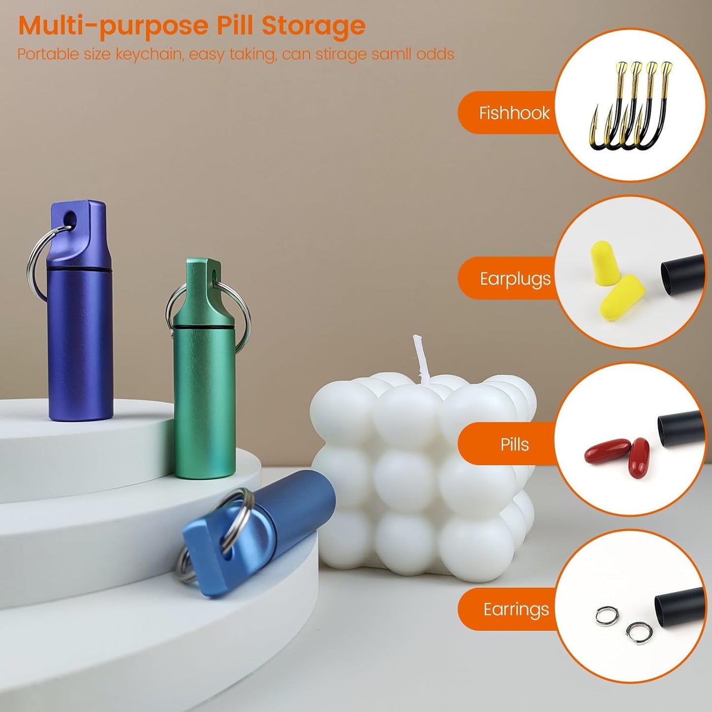Small Pill Organizer Box Waterproof Keychain Pill Holder Portable Travel Pill Container Metal Case with Keyring for Outdoor Camping Travel