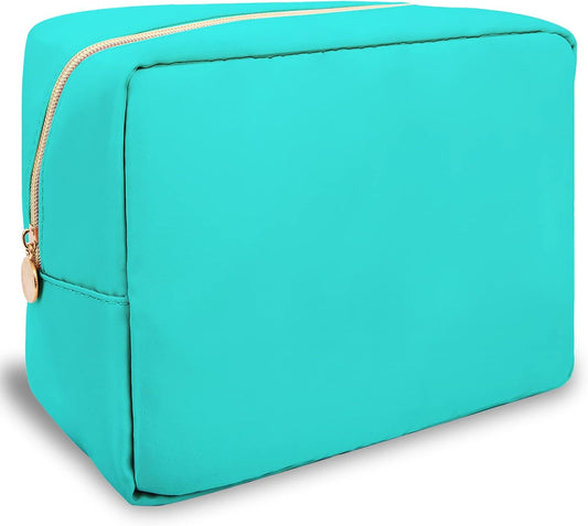 Nylon Large Makeup Bag Travel Pouch for Women, Preppy Big Makeup Bag Cute Cosmetic Zipper Pouch Purse, DIY Chenille Letter Bag Waterproof Toiletry Bag Clutch Make Up Organizer for Women Girls(Mint)