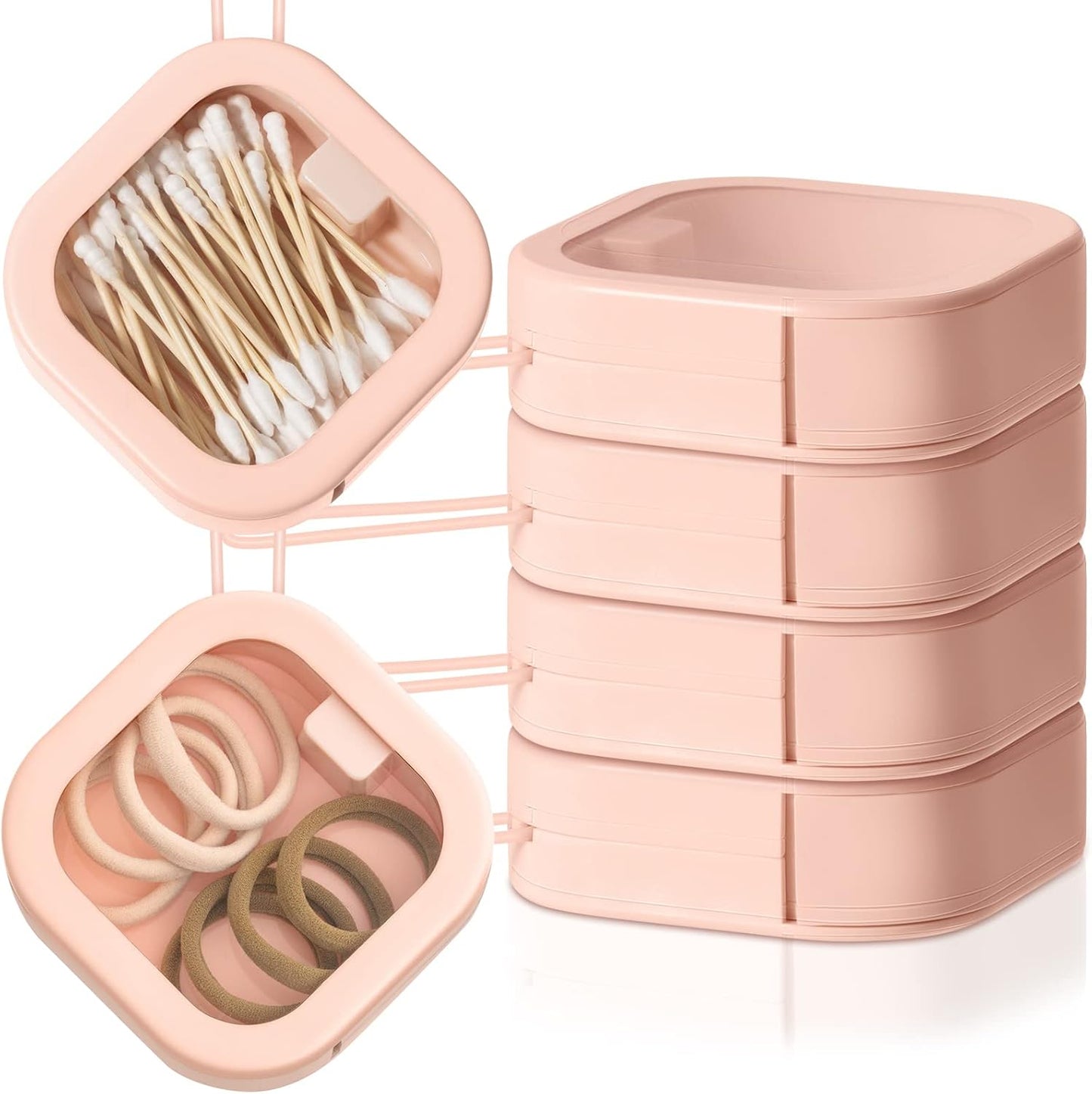 Kathfly 4 Pcs Pink Hair Tie Organizer Portable Hair Accessory Storage Containers Stackable Tie Bobby Pin Holder Home Cotton Swab Dispenser Accessories Jewelry Organizer Box