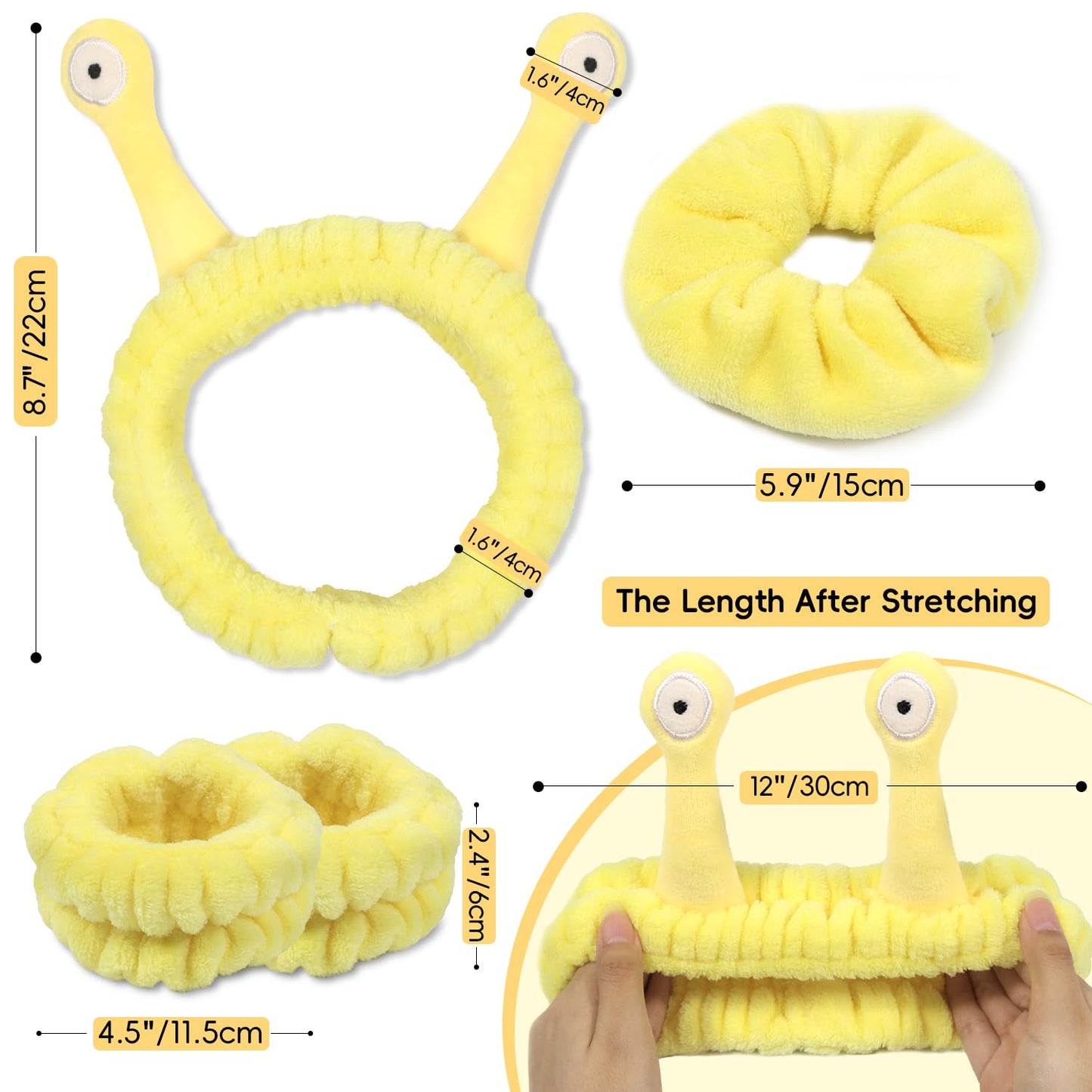 Face Wash Headband, Skincare Wrist Bands For Washing Face Set Spa Hair Bands come with a Hair Scrunchie, Cute Yellow snail tentacle Elastic Headband, For Face Washing Makeup Skincare (Yellow)