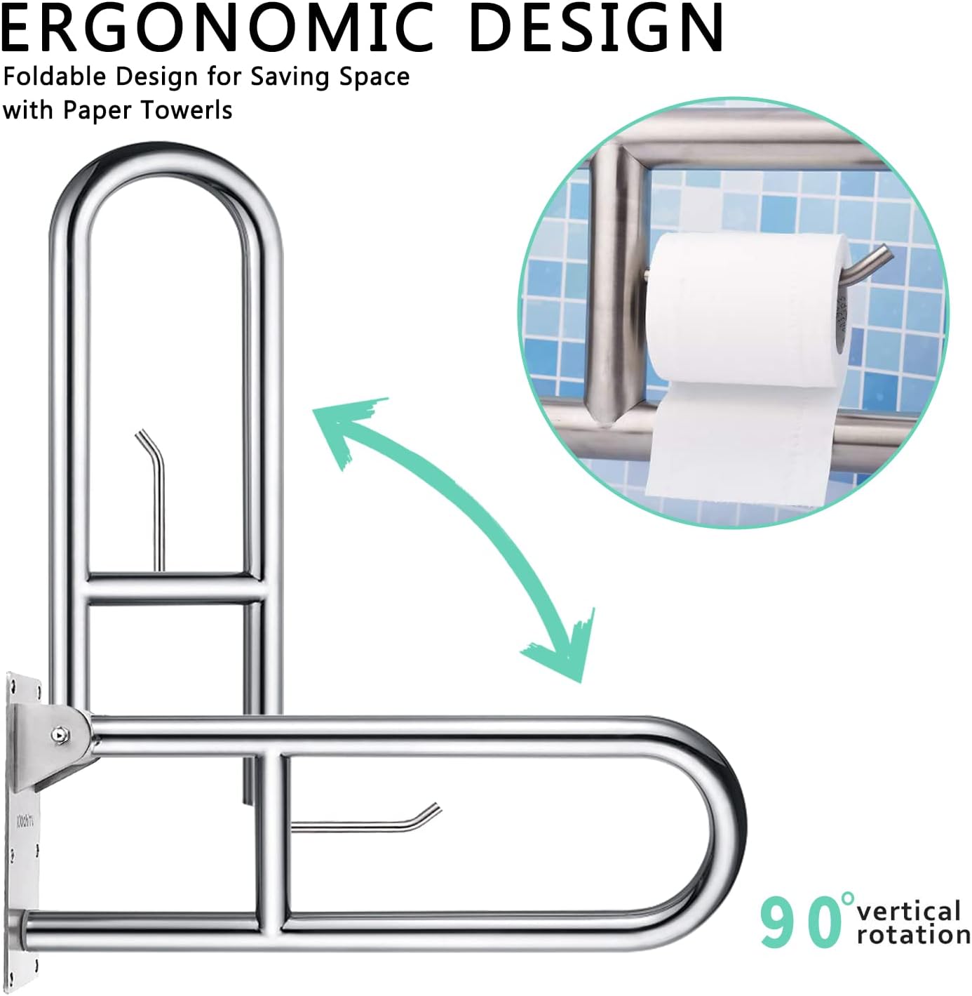 23.6 INCH Stainless Toilet Safety Rails, WochiTV Handicap Grab Bars for Elderly, Disabled Flip-Up Bathroom Grab Bar with Paper Holder,Toilet Handrails Hand Grips Handle Shower Assist Aid