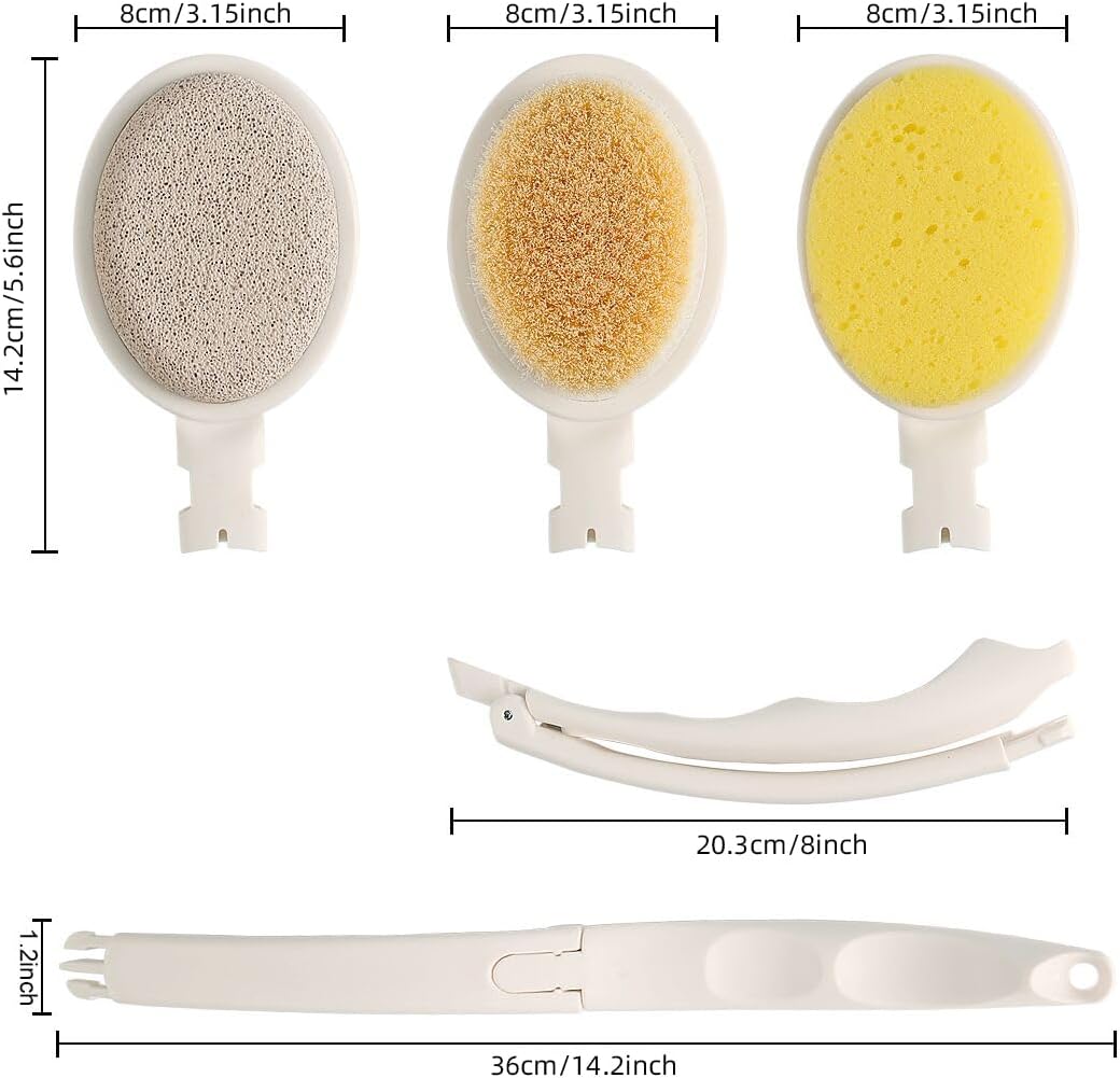 LFJ 19" Long Handle Shower Sponge Brush Set, 3 in 1 Body Brush, Bath Sponge and Lotion Applicator Improved Skin Health, Suitable for Men and Women (White Brush with pumice-1P)