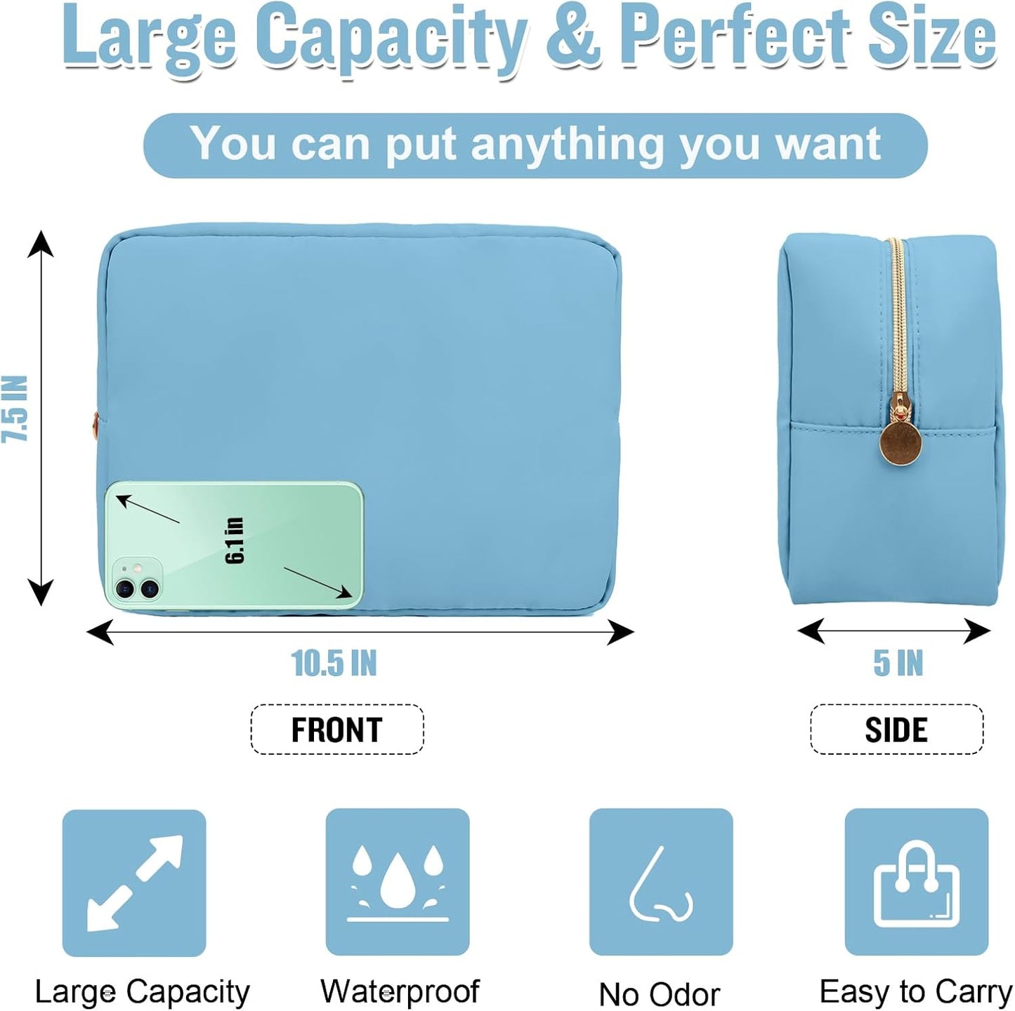 Nylon Large Makeup Bag Travel Cosmetic Bag Pouch, Preppy Big Makeup Bag Cute Cosmetic Zipper Pouch Purse, Waterproof Toiletry Bag Clutch Make Up Organizer Travel Essentials for Women Men Girls(Blue)