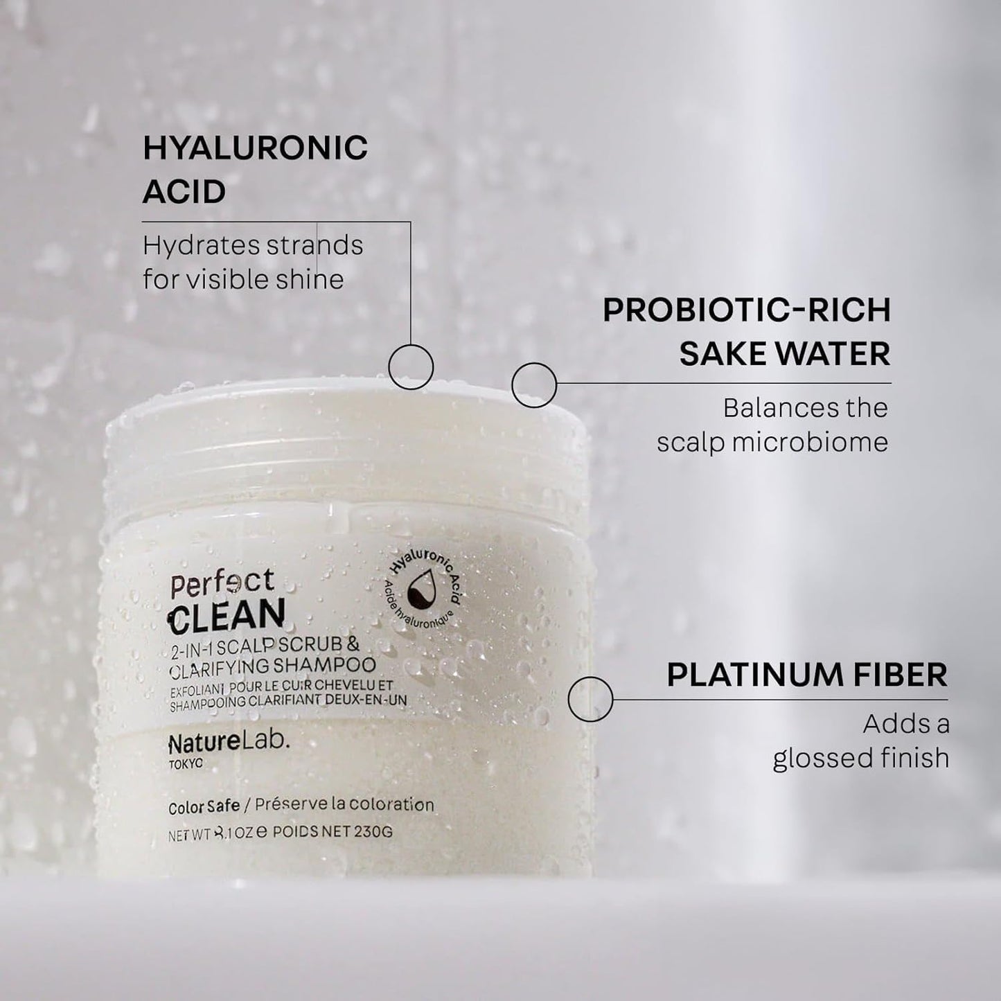 NatureLab.TOKYO Perfect Clean Scalp Scrub & Clarifying Shampoo - Exfoliating Sugar Crystals, Probiotic Sake Water, Hyaluronic Acid - 2-in-1 Deep Scalp Cleanser for Shine & Hydration, 8.1 oz, Original