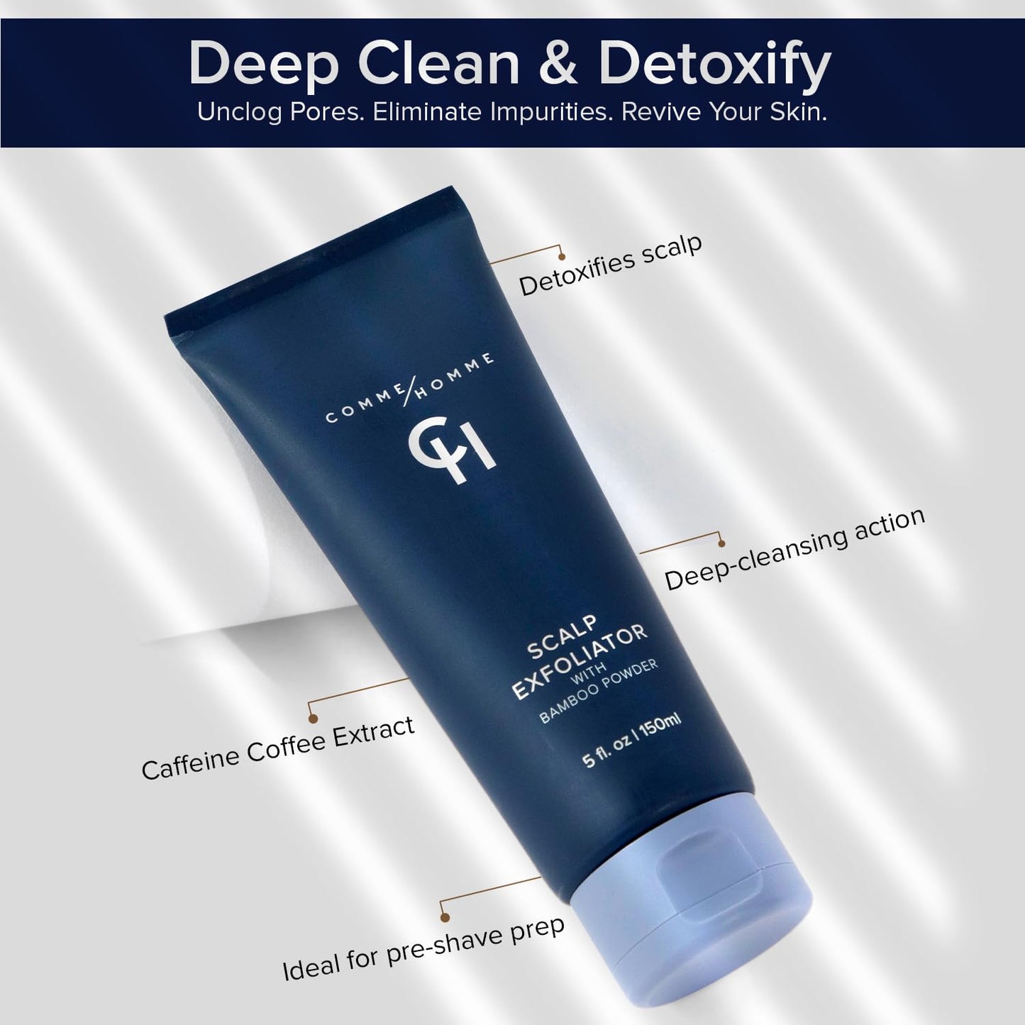 Comme Homme Scalp Exfoliator for Bald Men – Detoxifying Pre-Shave Scrub with Bamboo, Glycolic Acid, Aloe & Caffeine – Removes Dead Skin – Anti-Aging – 5 fl oz / 150 ml