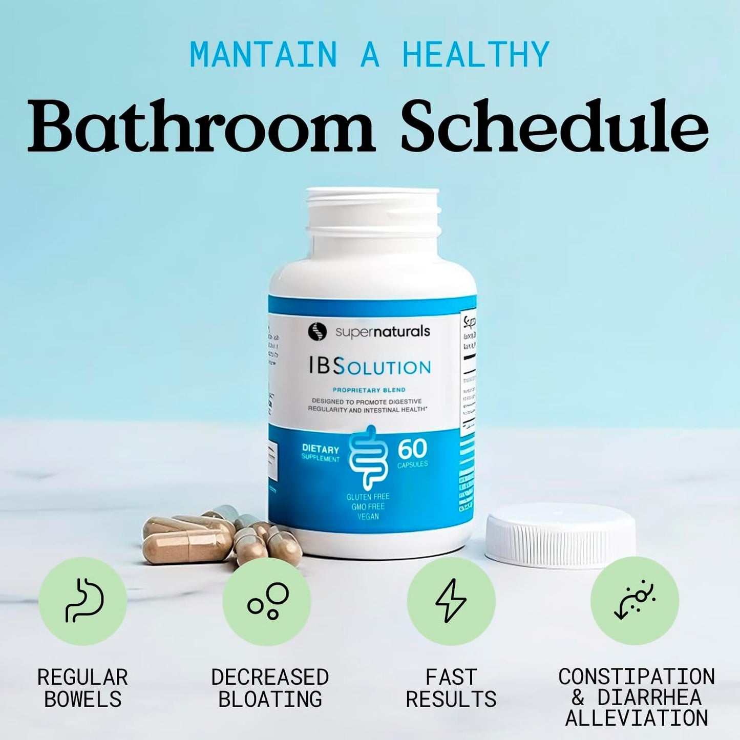 SuperNaturals IBSolution - Made in USA, Non-GMO, Gluten Free & Vegan (60 Capsules) - for Symptoms of IBS (Bloating, Constipation, Gas, Diarrhea, Abdominal Pain)