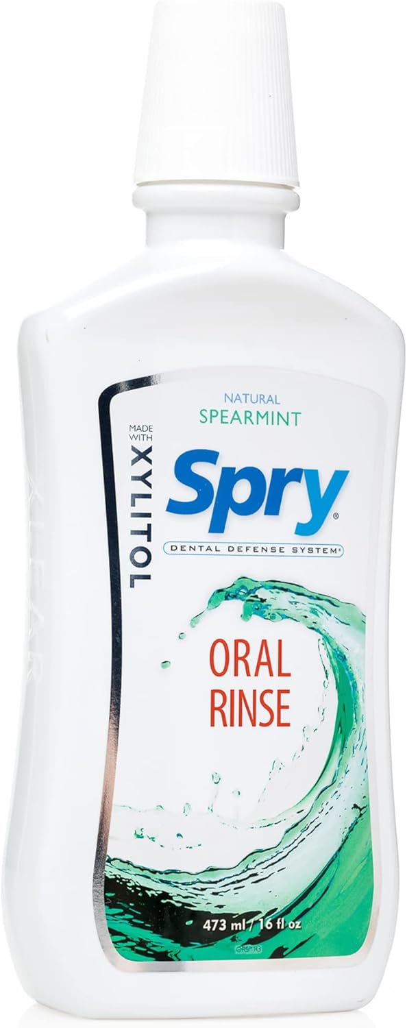 Spry Natural Xylitol Mouthwash Fluoride Free with Enamel Support, Gentle Alcohol Oral Rinse, Non-GMO, Spearmint - 16 fl oz (Pack of 1)