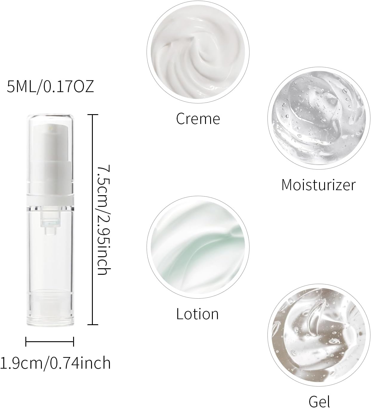 6 Pack 0.17 oz Plastic Empty Airless Pump Bottles Travel Size Refillable Leakproof Containers for Skincare Cosmetics Toiletries TSA Approved‌