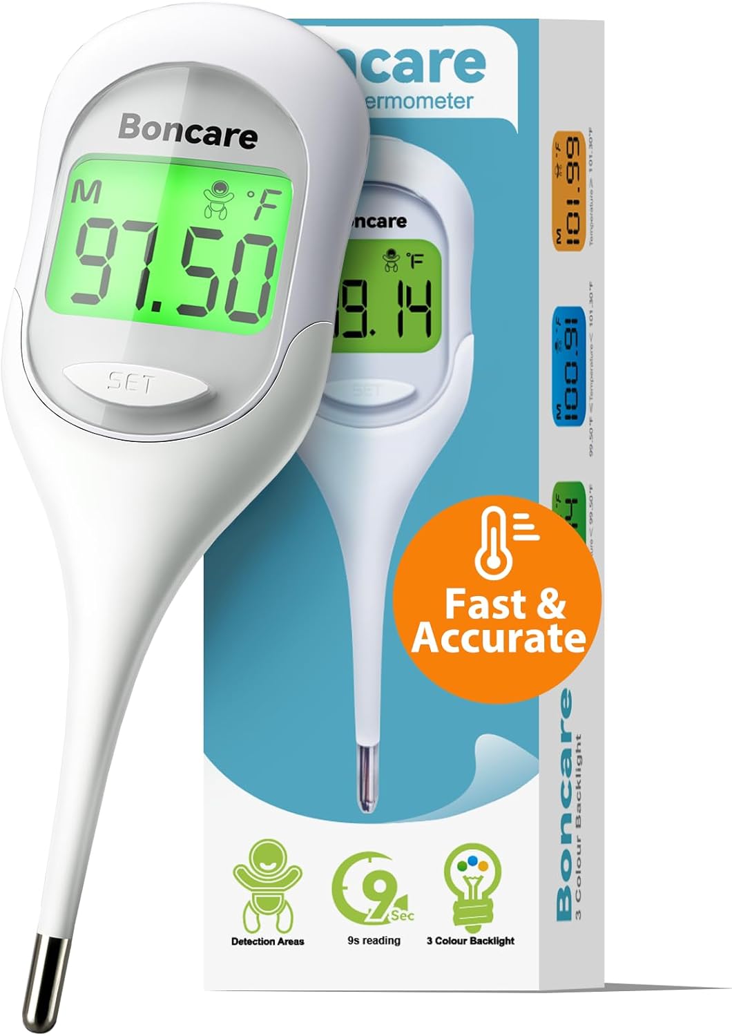 Boncare 9 Seconds Basal Body Thermometer for Ovulation, Oral Thermometer for Adults and Kids - Accurate Rectal Thermometer, with Fever Alarm and Large Display (Rice-White)