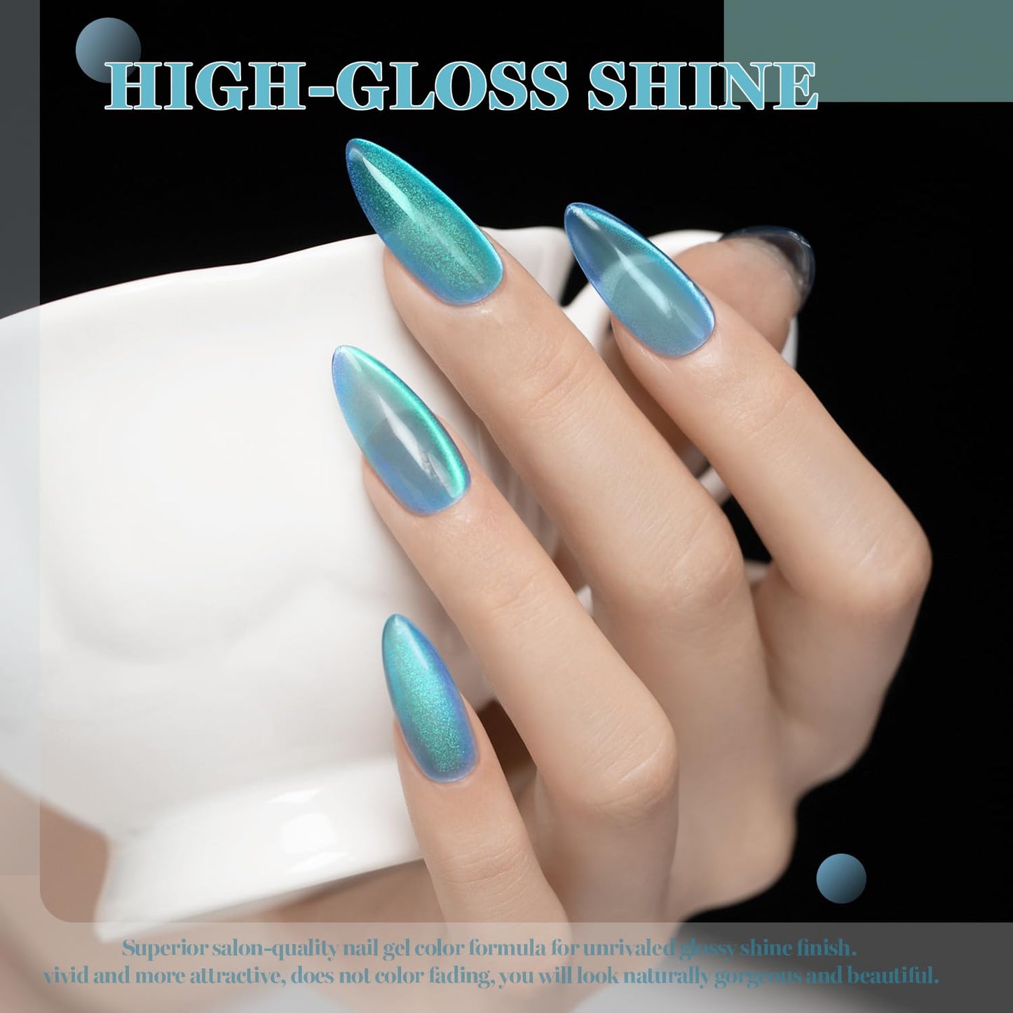 RARJSM Blue Cat Eye Gel Nail Polish Set 6pcs Reflective Diamond Glitter Clear Light Gray Sea Blue Green Tone Glass Cateye Gelpolish with Magnet Stick 7.5ml Curing Requires Soak Off for Home Salon