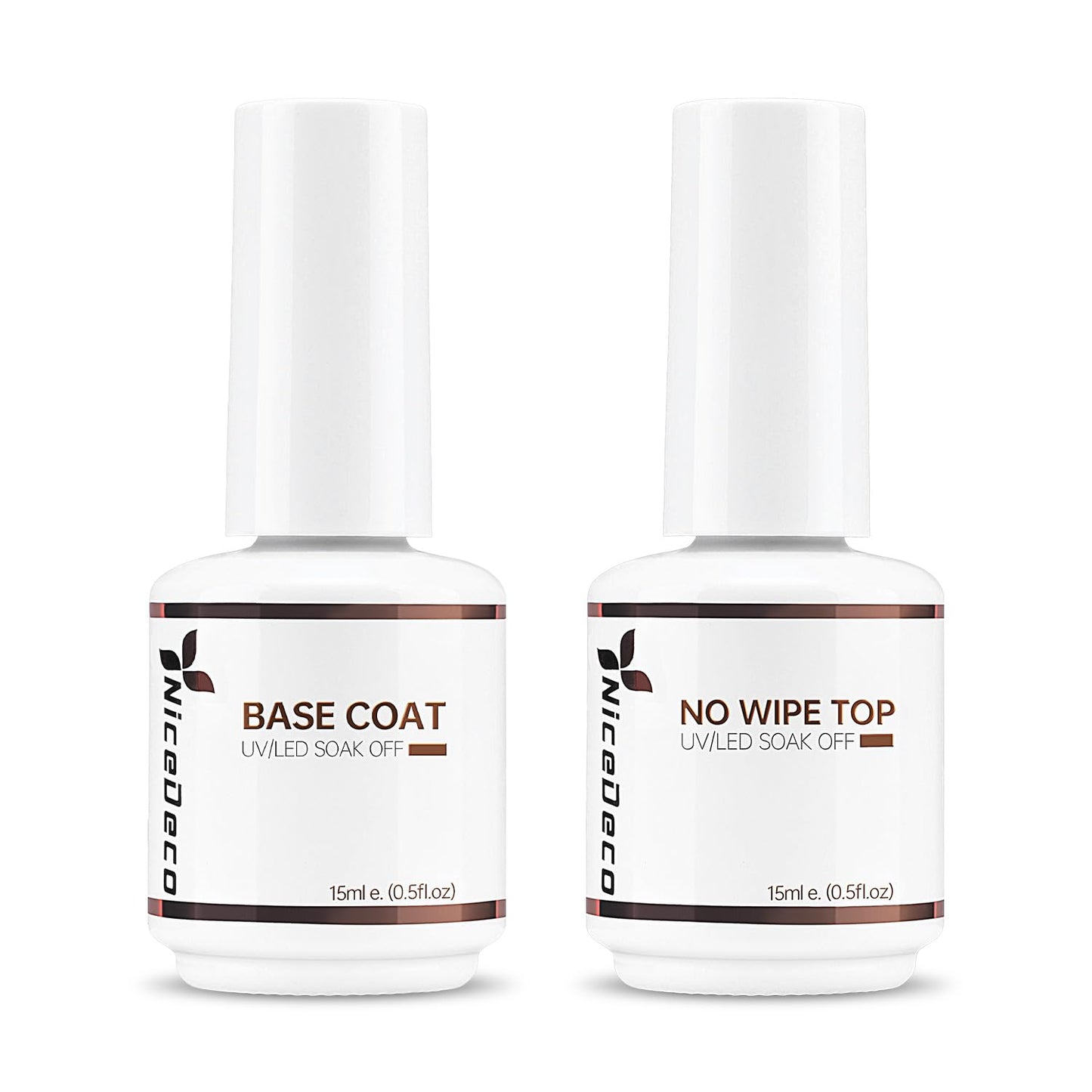 Nicedeco Hema Free No Wipe Gel Top Coat and Base Coat Set 2 Pcs 15ml Low Odor Cruelty Free Vegan Gel Nail Polish Glossy Shine Long Lasting Gel Base Top Coat