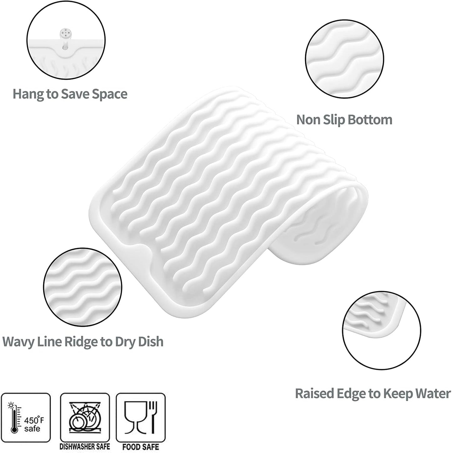 Silicone Dish Drying Mat for Multiple Usage,Easy clean,Eco-friendly,Heat-resistant Silicone Mat for Kitchen Counter or Sink,Refrigerator or Drawer Liner White S 12 inches x 6 inches