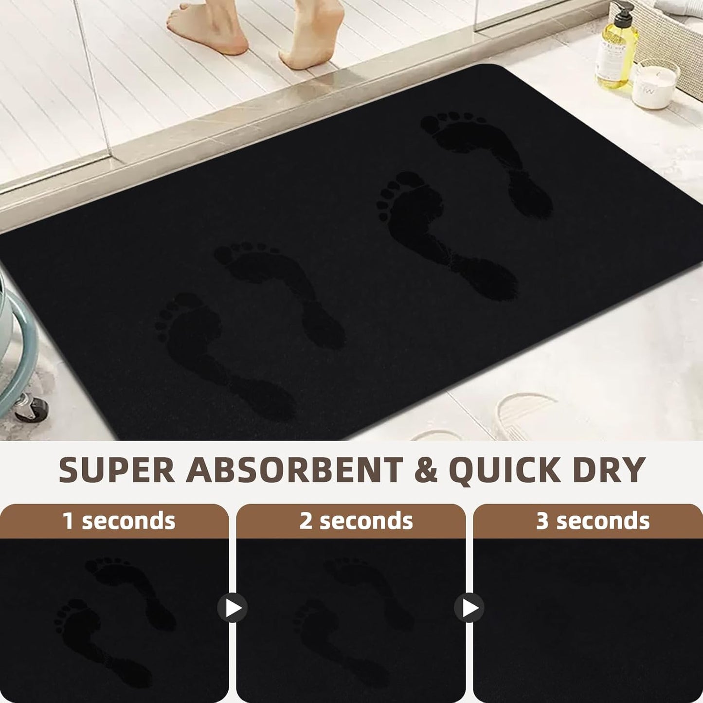 Diatomaceous earth bath mat Bathroom Rugs Sets 3 Piece Super Absorbent Quick Dry Bath Mats, Rubber Non Slip Shower Mat and Toilet Mat U Shape, Shower Rug for in Front of Bathtub Shower, Black