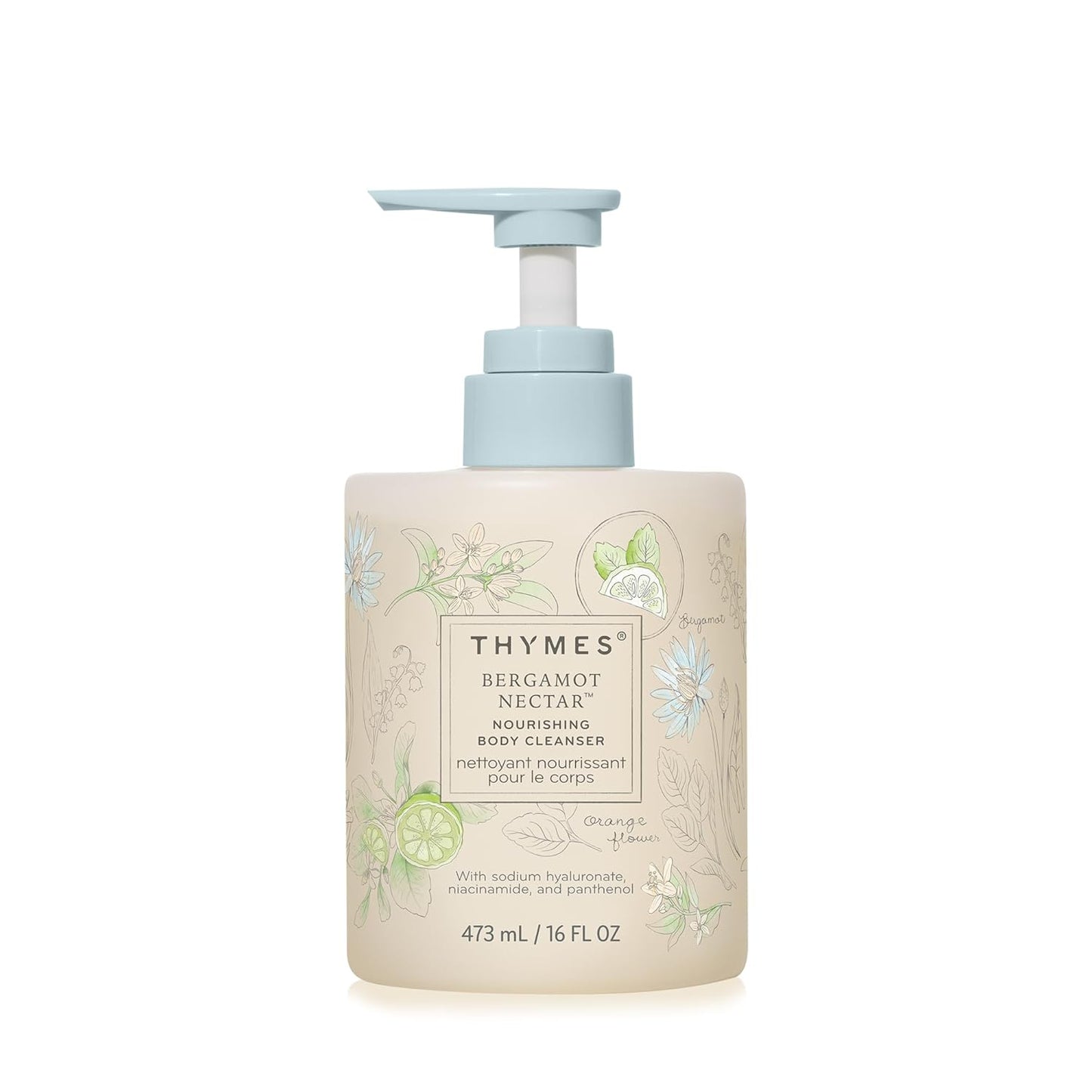 Thymes Nourishing Body Cleanser - Large Moisturizing Body Wash with Pump - Hydrating Cleanser - Notes of Bergamot, Orange Flower, Lemon, Lotus & Sandalwood. (Bergamot Nectar, 16 fl oz)