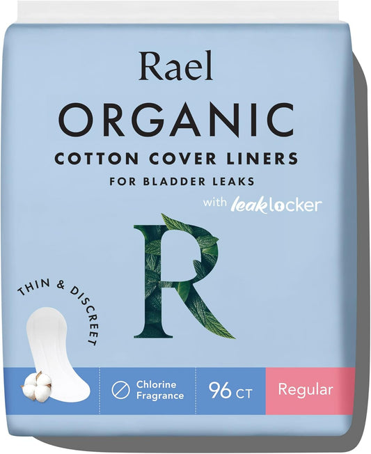 Rael Incontinence Liners for Women, Organic Cotton Cover, Postpartum Essential, Moderate Absorbency, Bladder Control, 4-Layer Core with Leak Guard Technology (Regular, 96 Count)