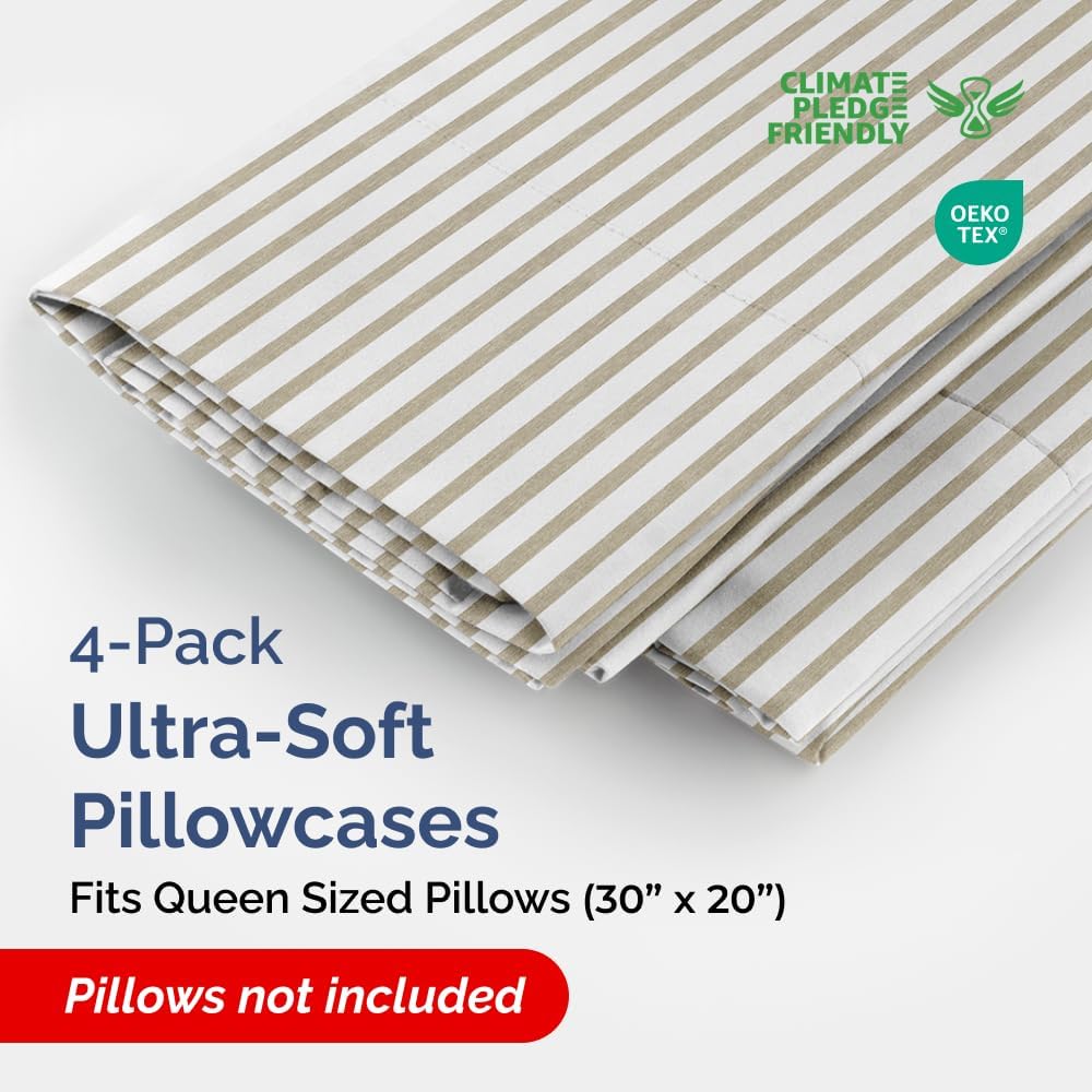Queen Pillow Cases Set of 4 - Ultra Soft Hotel Quality Pillowcase Covers - Comfy, Cozy & Wrinkle Free - Shrinkage & Fade Resistant - Machine Washable Pillow Protectors - 4 Piece Set - Beige Stripes 2