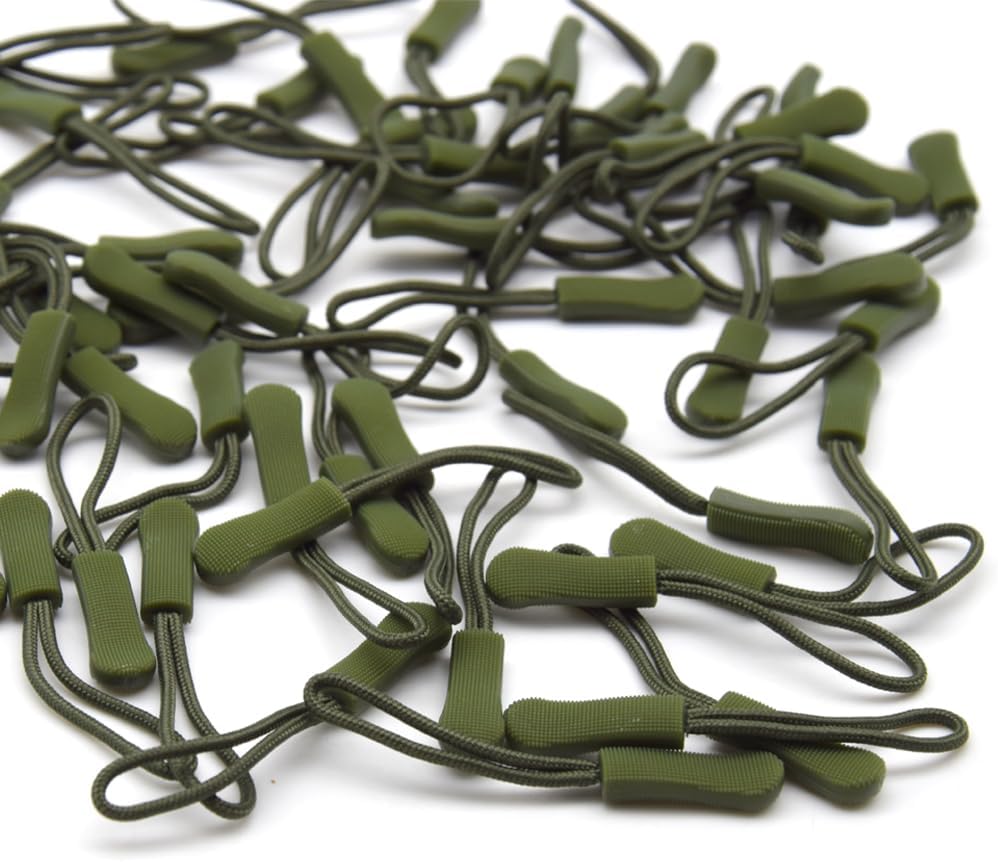 Ruidee 50 Pieces Zipper Pulls Zipper Tabs Zipper Pull Cord Extender Replacement Zipper Pulls for Backpacks, Jackets, Luggage, Purses, Handbags（Military Green）