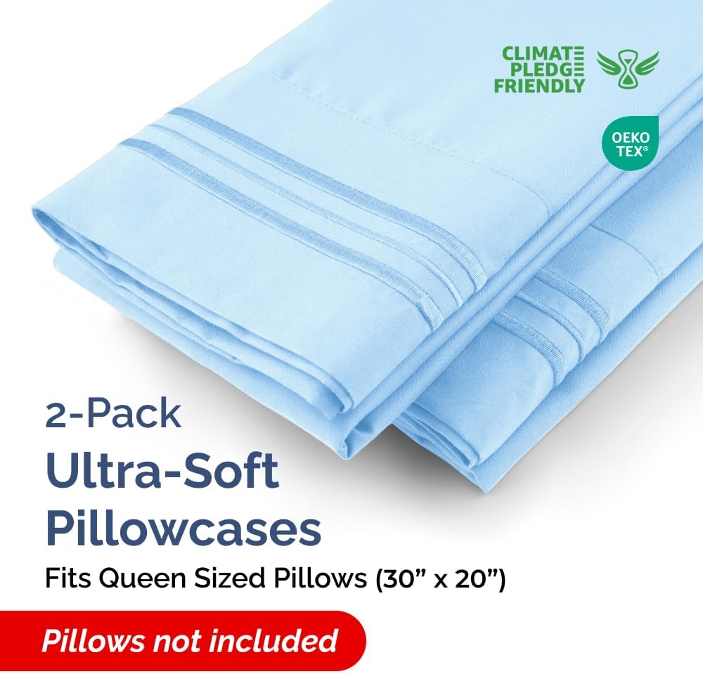 Queen Pillow Cases Set of 2 - Ultra Soft Hotel Quality Pillowcase Covers - Comfy, Cozy & Wrinkle Free - Shrink, Stain & Fade Resistant - Machine Washable Pillow Protectors - 2 Piece Set - Light Blue