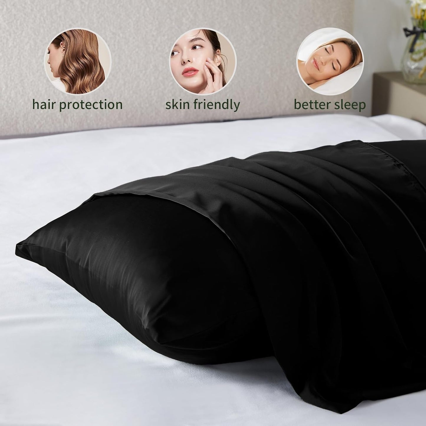 Silk Pillow Cases 2 Pack Mulberry Silk Pillow Cases Soft Breathable Both Sided Natural Silk Pillowcase with Zipper Beauty Sleep Silk Pillow Cases for Gift(Standard,Black)