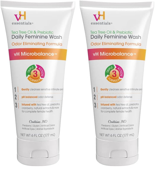 vH essentials, Ph Balanced Daily Feminine Wash, Tea Tree Oil & Prebiotic, 6, Fl Oz, (Pack Of 2) 54306 Clear