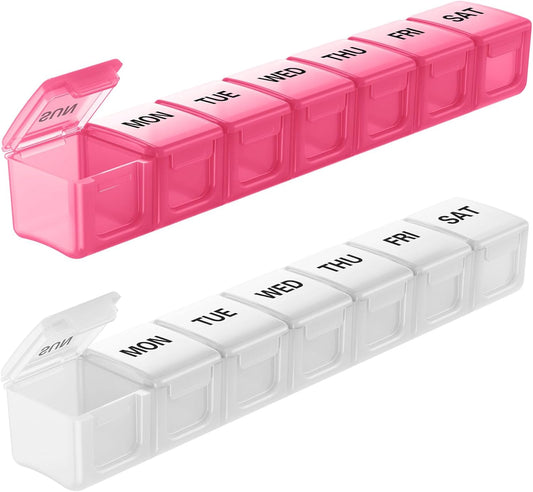 BUG HULL Weekly Pill Organizer Large 2 Packs, Extra Large Travel Pill Organizers, Pill Box 7 Day, Travel Pill Case, Medicine Pill Organizer for Vitamins, Supplements and Medications (White+Pink)