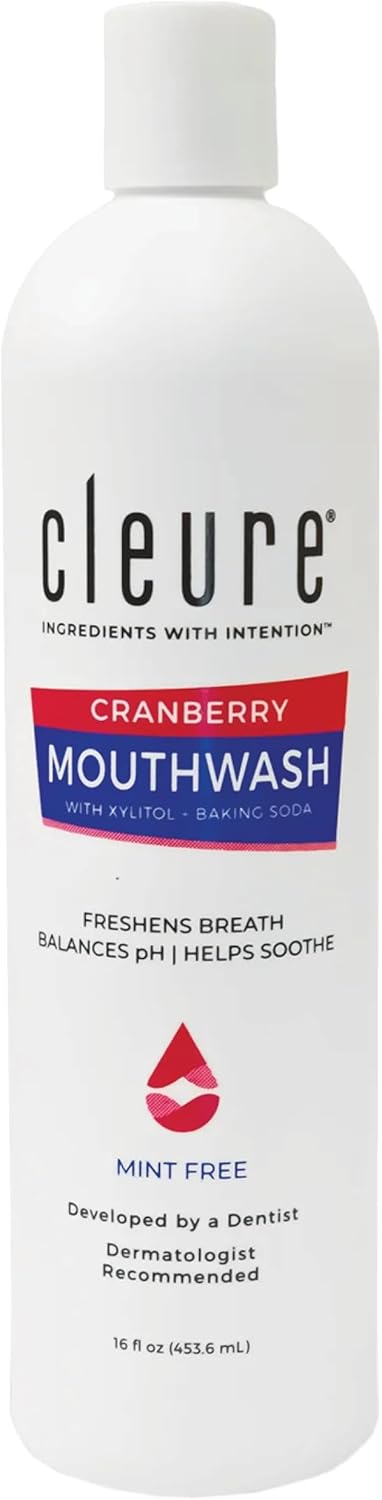 Cleure Alcohol Free Mouthwash with Xylitol & Baking Soda - Gentle Fluoride Free Mouth Wash for Adults & Kids - Cranberry (16 oz, Pack of 1)