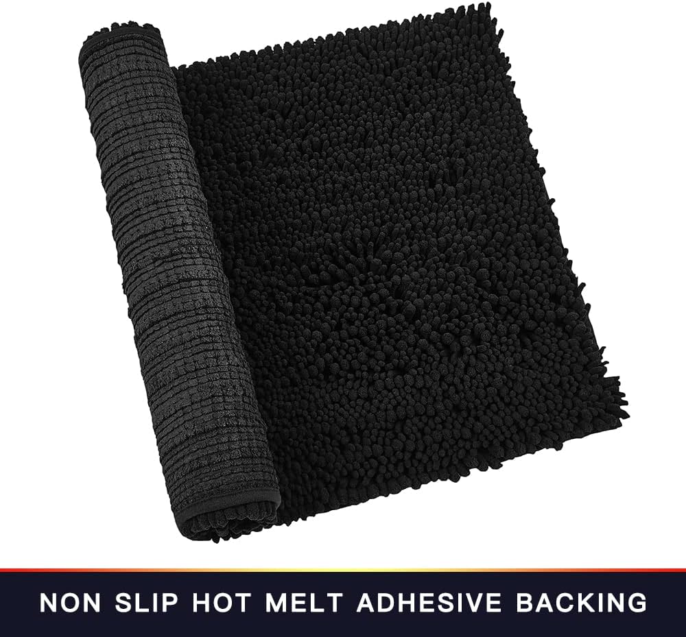 Walensee Bathroom Rug Non Slip Bath Mat (24x17 Inch Black) Water Absorbent Super Soft Shaggy Chenille Machine Washable Dry Extra Thick Perfect Absorbant Best Small Plush Carpet for Shower Floor