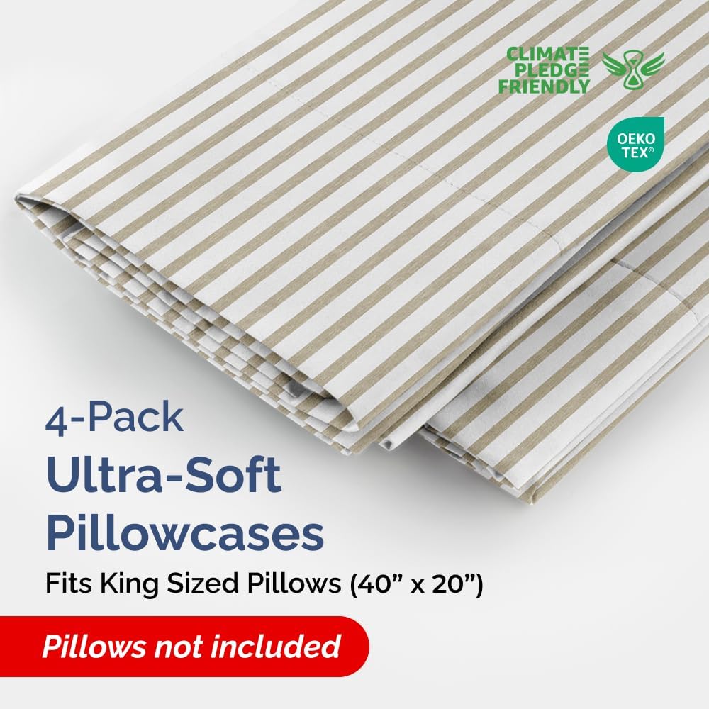 King Pillow Cases Set of 4 - Ultra Soft Hotel Quality Pillowcase Covers - Comfy, Cozy & Wrinkle Free - Shrinkage and Fade Resistant - Machine Washable Pillow Protectors - 4 Piece Set - Beige Stripes 2