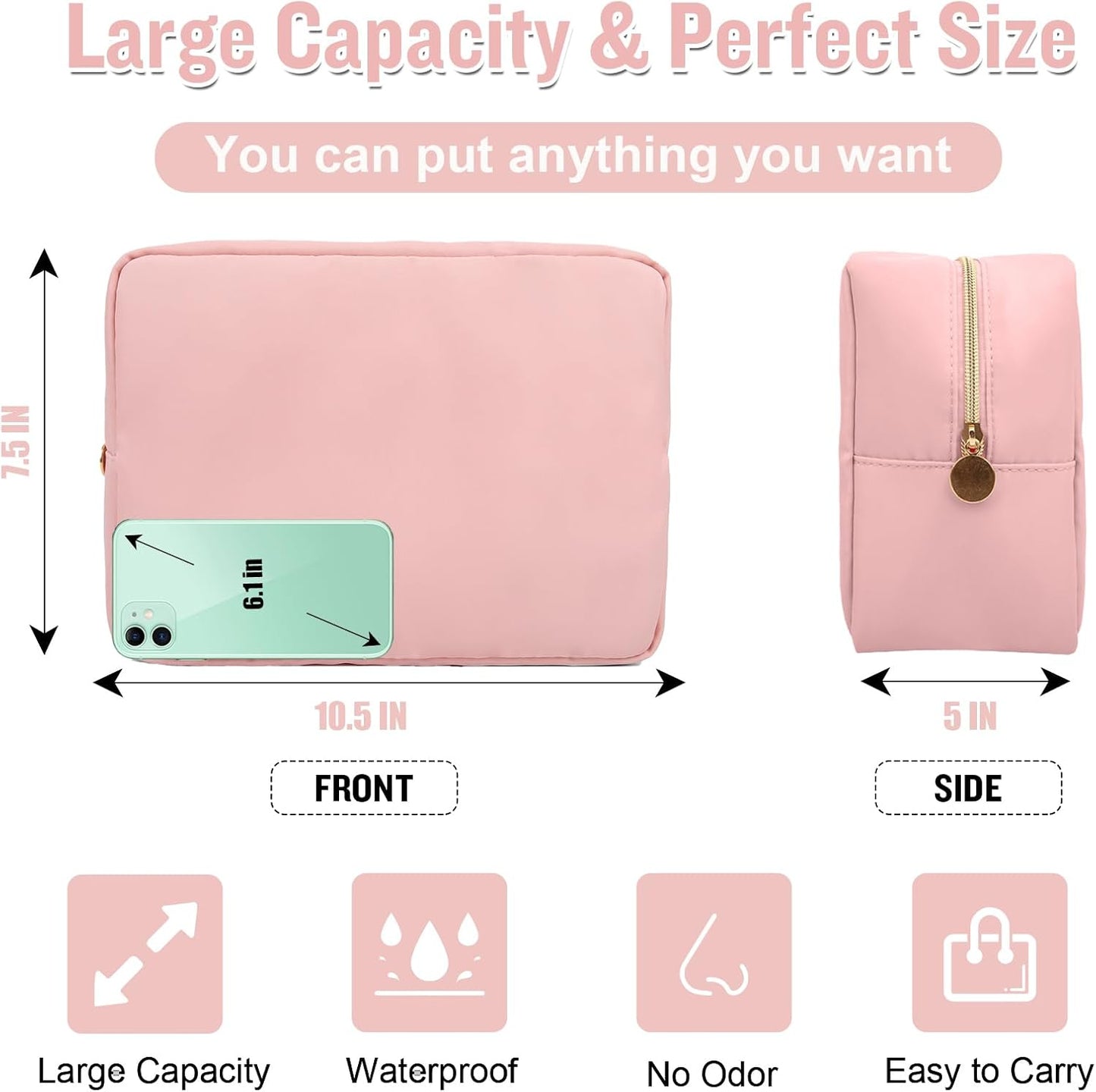 Nylon Large Makeup Bag Travel Pouch for Women, Preppy Big Pink Makeup Bag Cute Cosmetic Zipper Pouch Purse, DIY Chenille Letter Bag Waterproof Toiletry Bag Clutch Makeup Organizer for Women Girl(Pink)