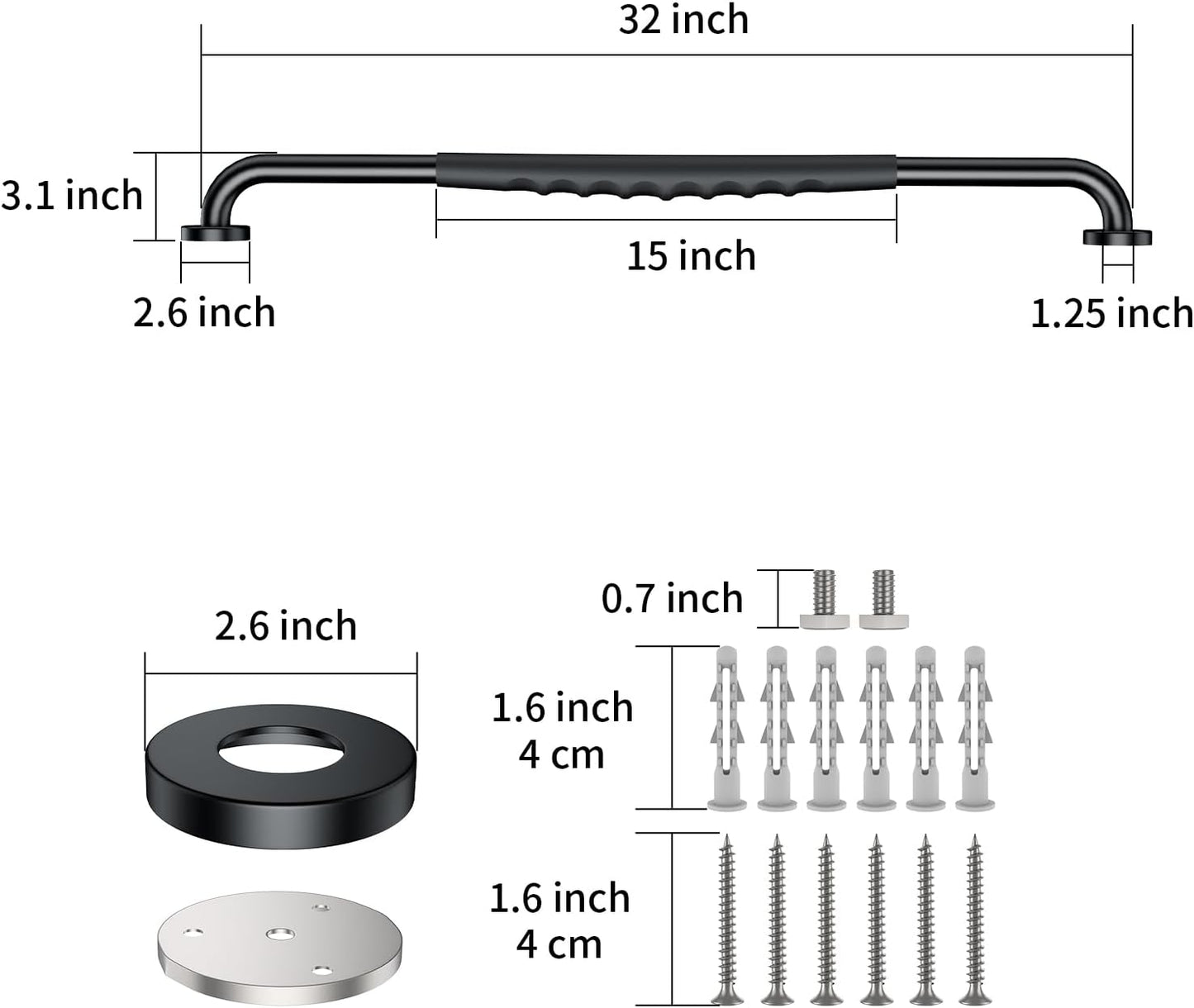 2 Pack 32 Inch Black Shower Grab Bar w/Anti Slip Rubber Grip,ZUEXT Stainless Steel Bath Grab Bar,Bathroom Balance Bar,Wall Mount Safety Handrail Support,Handicap Injury Elderly Senior Assist Handle