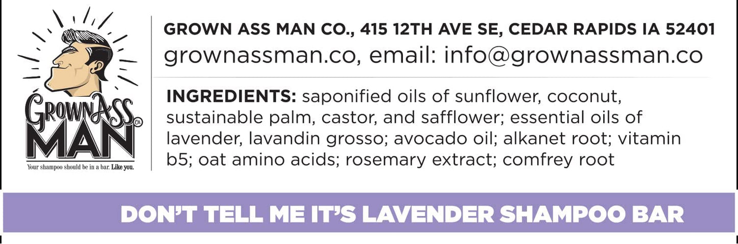 Grown Ass Man Co. - Solid Shampoo Bar Rich Lather 3 in 1: Hair, Beard & Body Wash - Plastic Free & Eco-Friendly, Natural & Organic for All Hair Types, 4oz Bar (Don't Tell Me It's Lavender, 6-Pack)
