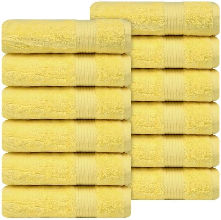 Ample Decor Hand Towel 18 X 28 Inch Pack of 12 600 GSM 100% Cotton, Oeko Tex Certified Soft Absorbent Thick Durable Premium Quality, for Hotel, Bathroom, Spa, Gym - Machine Washable - Yellow
