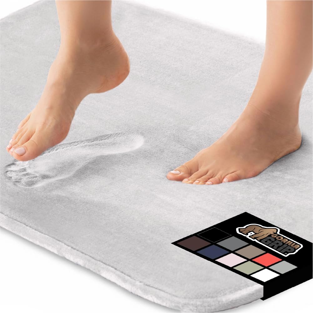 GORILLA GRIP Memory Foam Bath Rugs, Soft Absorbent Velvet Bathroom Mats, Durable Dots on Underside, Machine Washable Bathmat, Carpet Rug Room Decor for Shower Floor, 30x20 Mat, Light Gray