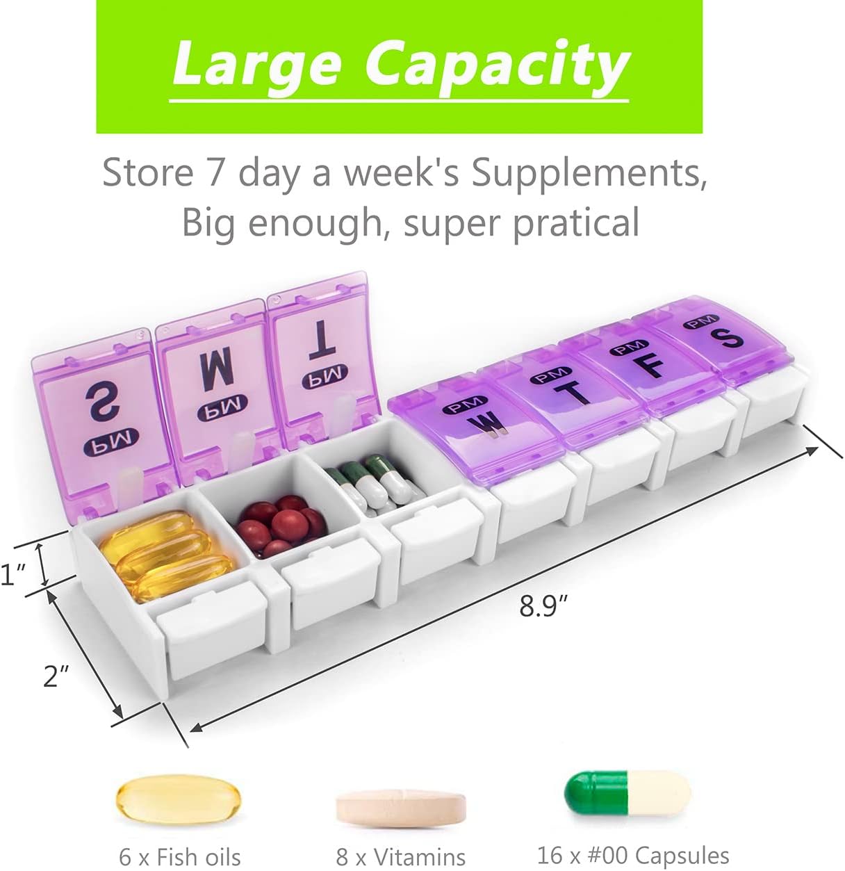 Extra Large Weekly Pill Organizer 2 Times a Day - Remtise Am/Pm Daily Pill Case Medicine Organizer, Push Button 7 Day Pill Box for Pills/Vitamin/Cod Liver Oil/Supplements (Purple & Green)