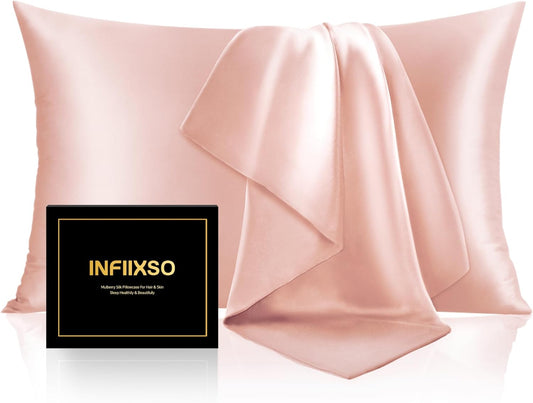 INFIIXSO Mulberry Silk Pillowcase for Hair and Skin, Silk Pillow Cases Queen Size Set of 2 with Hidden Zipper 20x30 Inches, Ultra Smooth and Soft Cooling Pillow Cases for Hot Sleepers(Coral, 2 Pack)