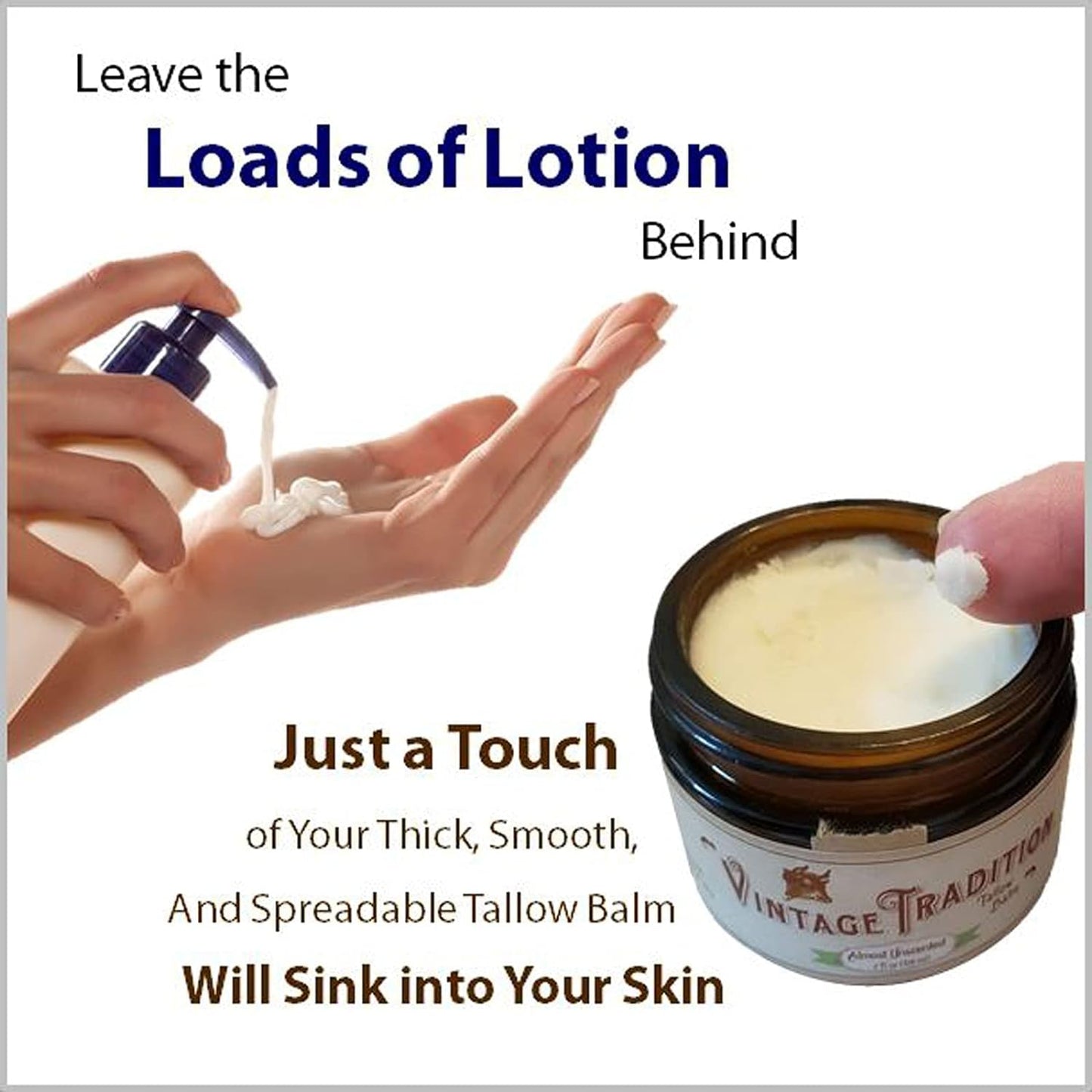 Vintage Tradition Beef Tallow All Purpose Balm - Healing, Hydrating Weather-Protecting Skin Care Salve Replaces Body Lotion, Hand Cream, More - Essential Oil, Olive Oil, and Grass-Fed Tallow, 2 fl oz.