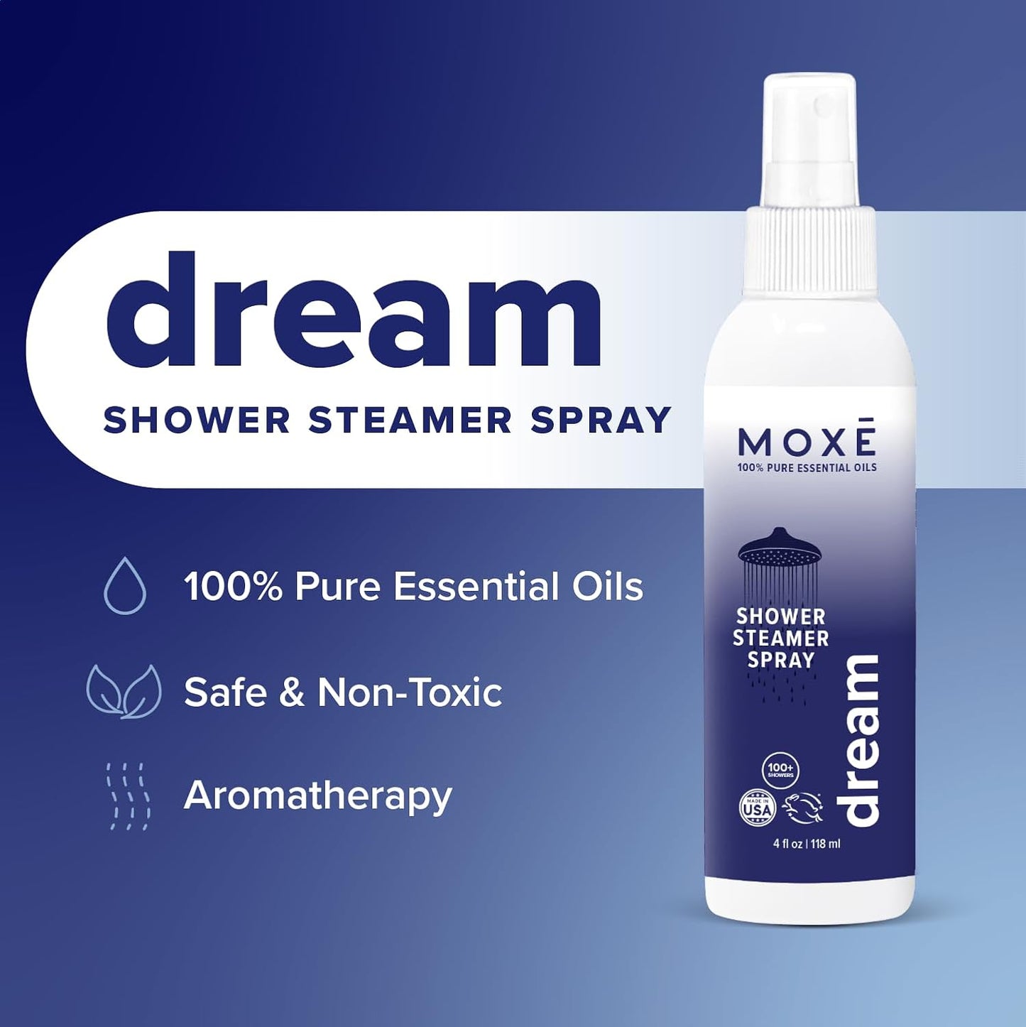 MOXĒ Dream Lavender & Chamomile Shower Mist, Spa Steam Spray, Certified Natural Essential Oils, Aromatherapy, Tension Relief, USA Made, 4 Ounces