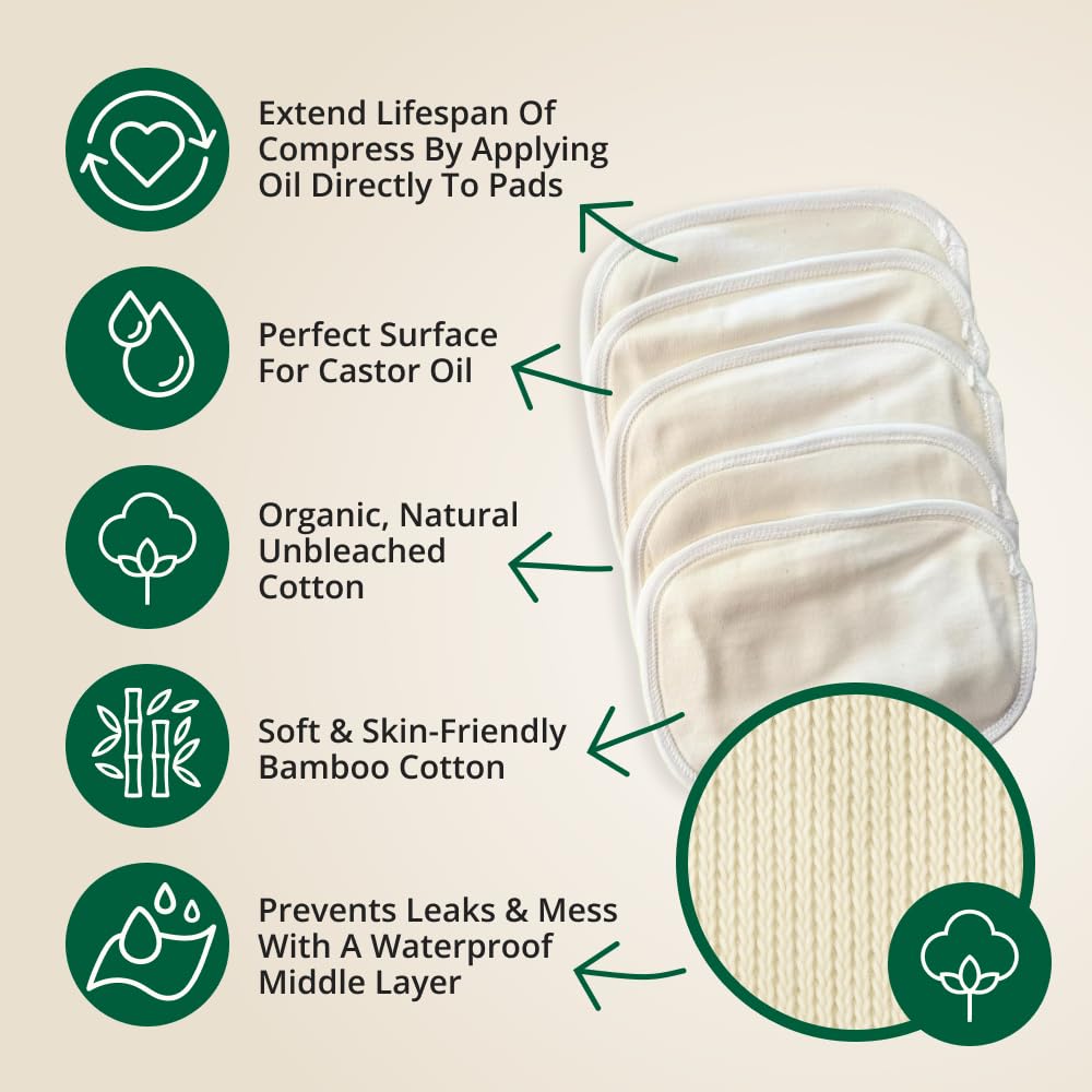 Castor Oil Pack - 8 Piece Complete Kit. Includes 16oz Glass Bottle of Organic Castor Oil, Easy to use Organic Cotton Compress with Adjustable Fit, 5 Soft Cotton Pads & Soothing Heat Pack..