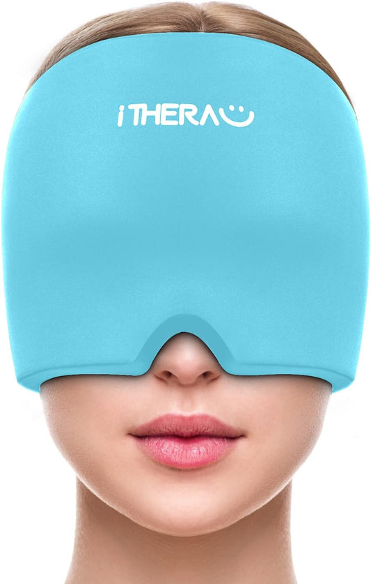 iTHERAU Migraine Relief Cap, Soothing Headache Hat, Gel Ice Pack Head Wrap with Hot and Cold Therapy, Headache Relief Cap for Sinus, Puffy Eyes, Tension and Stress Relief Blue