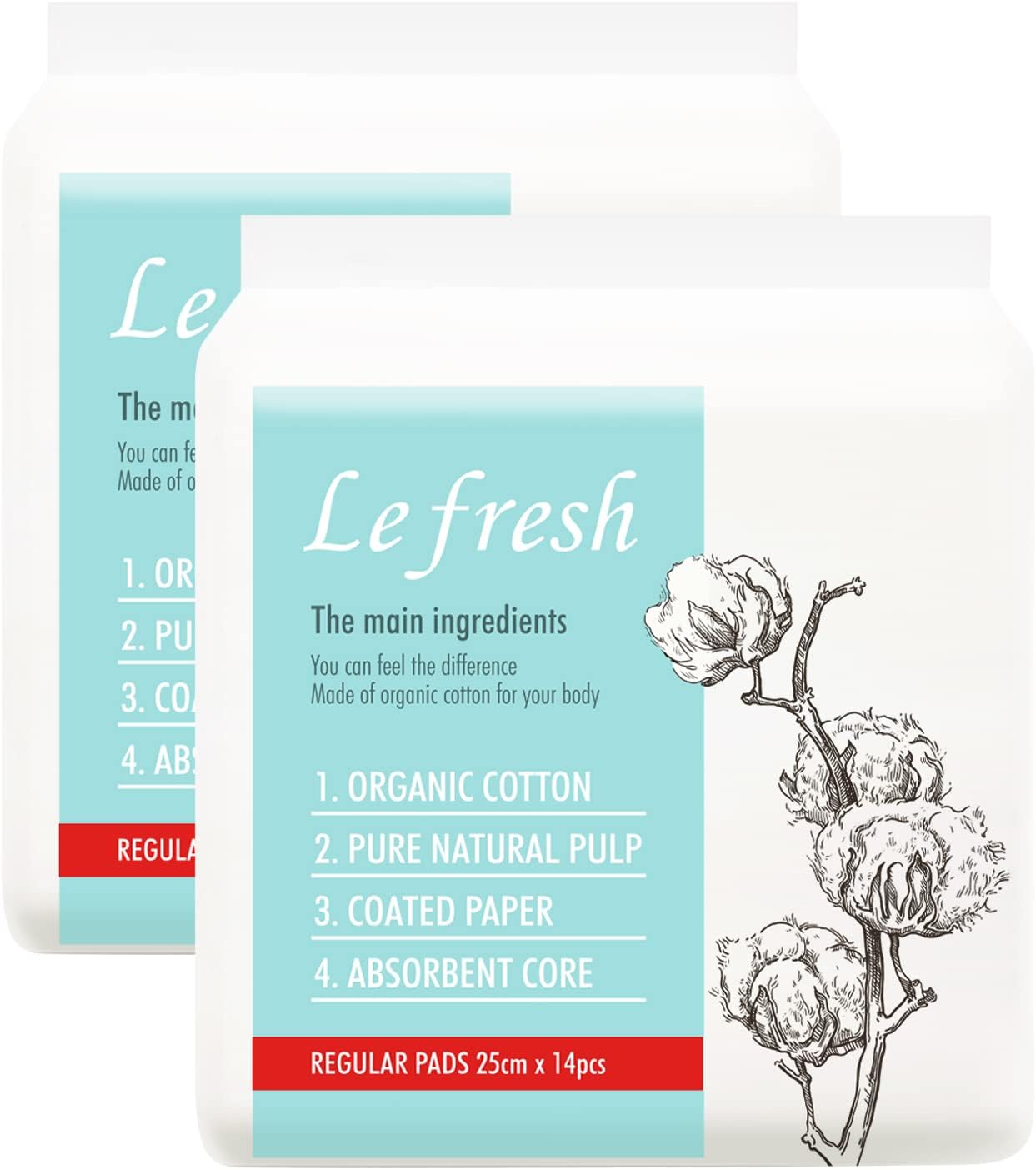 Lefresh Organic Cotton Cover Pads with Wings| Regular, 28 Count | Regular Absorbency - Unscented - Vegan - Chlorine Free - Ultra Thin Pads for Women