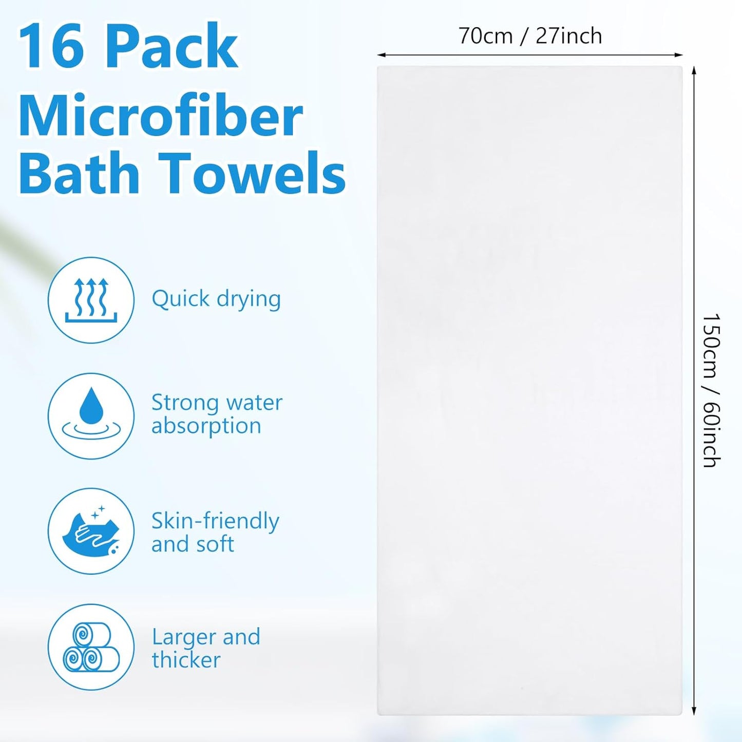 16 Pack Microfiber Bath Towels Bulk 27'' x 60'' Oversized Size Bath Towel Highly Absorbent Extra Large Soft Drying for Shower Summer Beach Salon Sport Party (Simple,White)