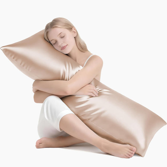 MR&HM Satin Body Pillow Cover, Soft and Breathable Body Pillow Case with Envelope Closure, Cooling and Silky Long Pillowcase for Hair and Skin,Grey (20x54, Champagne)