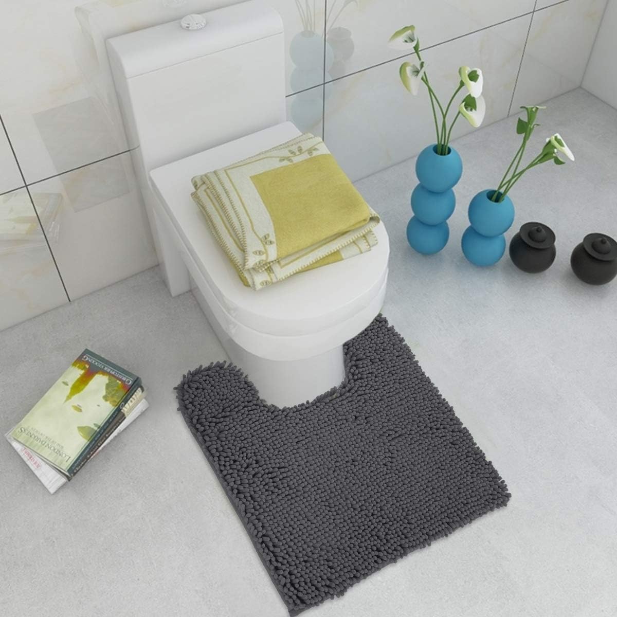 ITSOFT Non-Slip Shaggy Chenille Toilet Contour Bathroom Rug with Water Absorbent, 24 x 21 Inches U-Shaped Charcoal Gray
