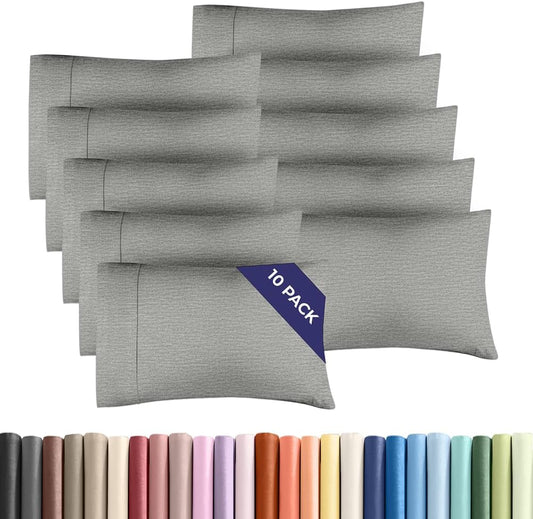 Standard Pillow Cases Set of 10 - Ultra Soft Hotel Quality Pillowcase Covers - Comfy & Wrinkle Free - Shrink, Stain & Fade Resistant - Machine Washable Pillow Protectors - 10 Pcs Set - Heathered Grey