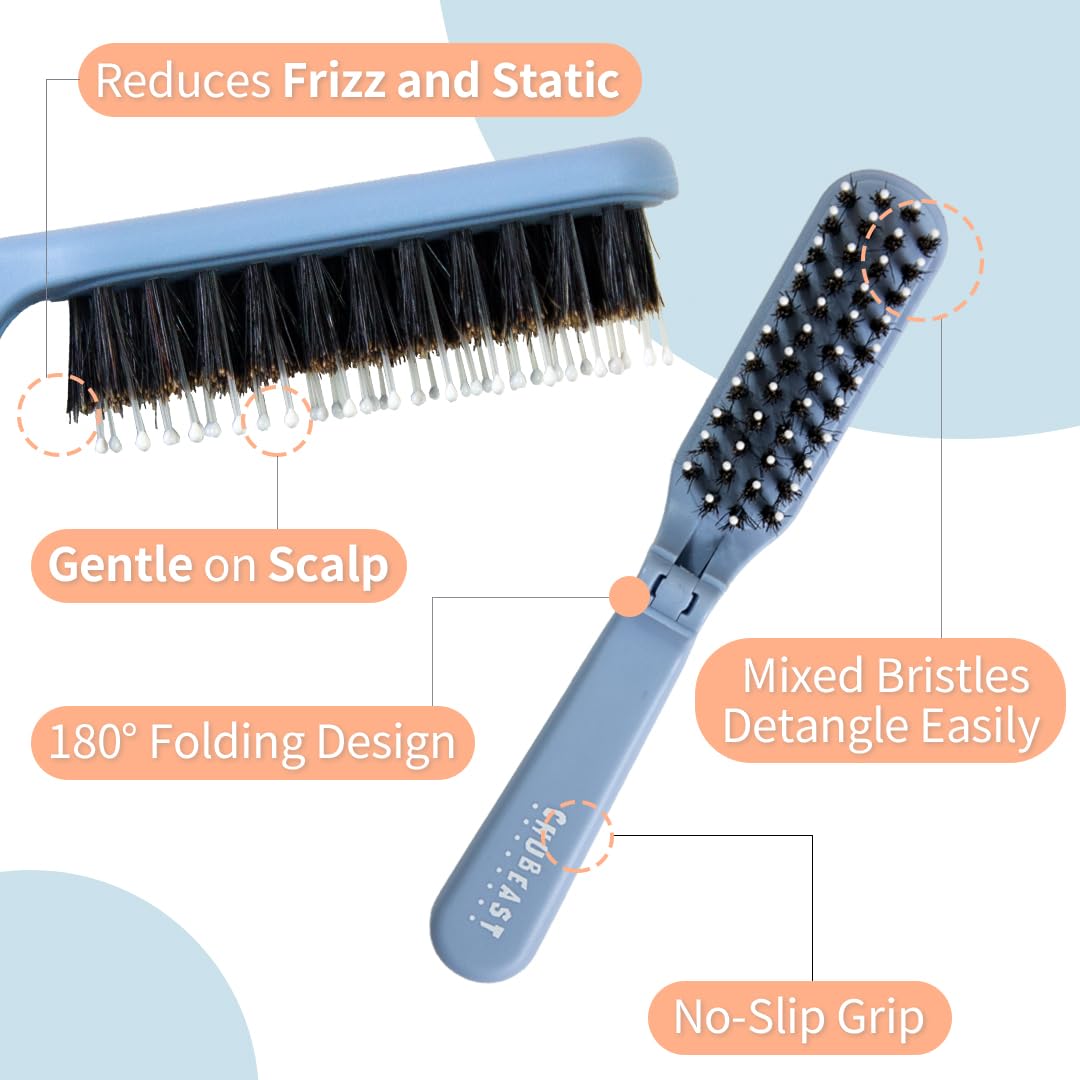 Uffy MiniPop Travel Hair Brush – Mini Folding Boar Bristles for Women, Men & Kids | Kid-Friendly Compact Comb for Wet & Dry Hair, Curly or Straight | Pocket-Size Detangler - Coral Pink on Soft Grey